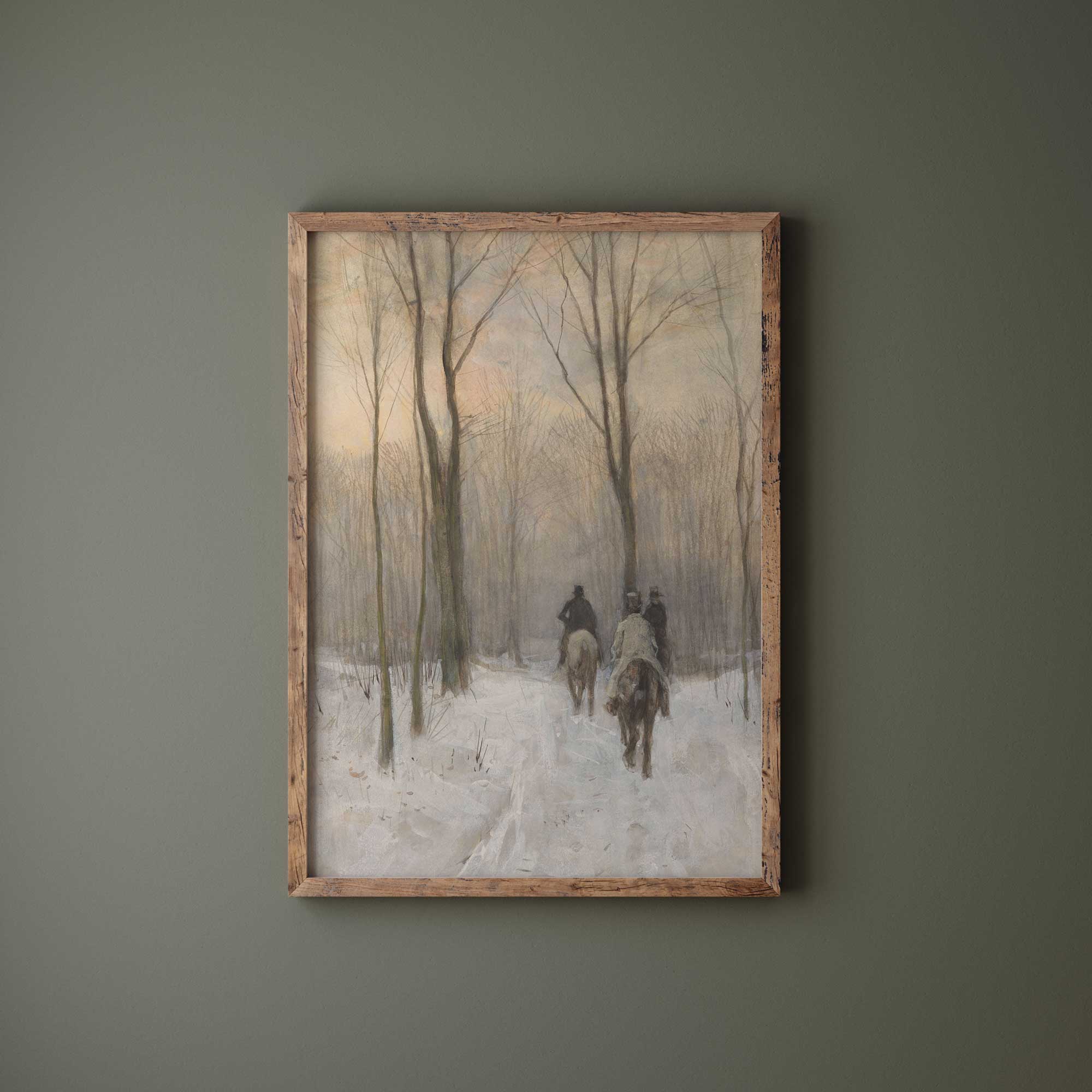 Framed painting of a snowy landscape with people on horseback against a green wall.