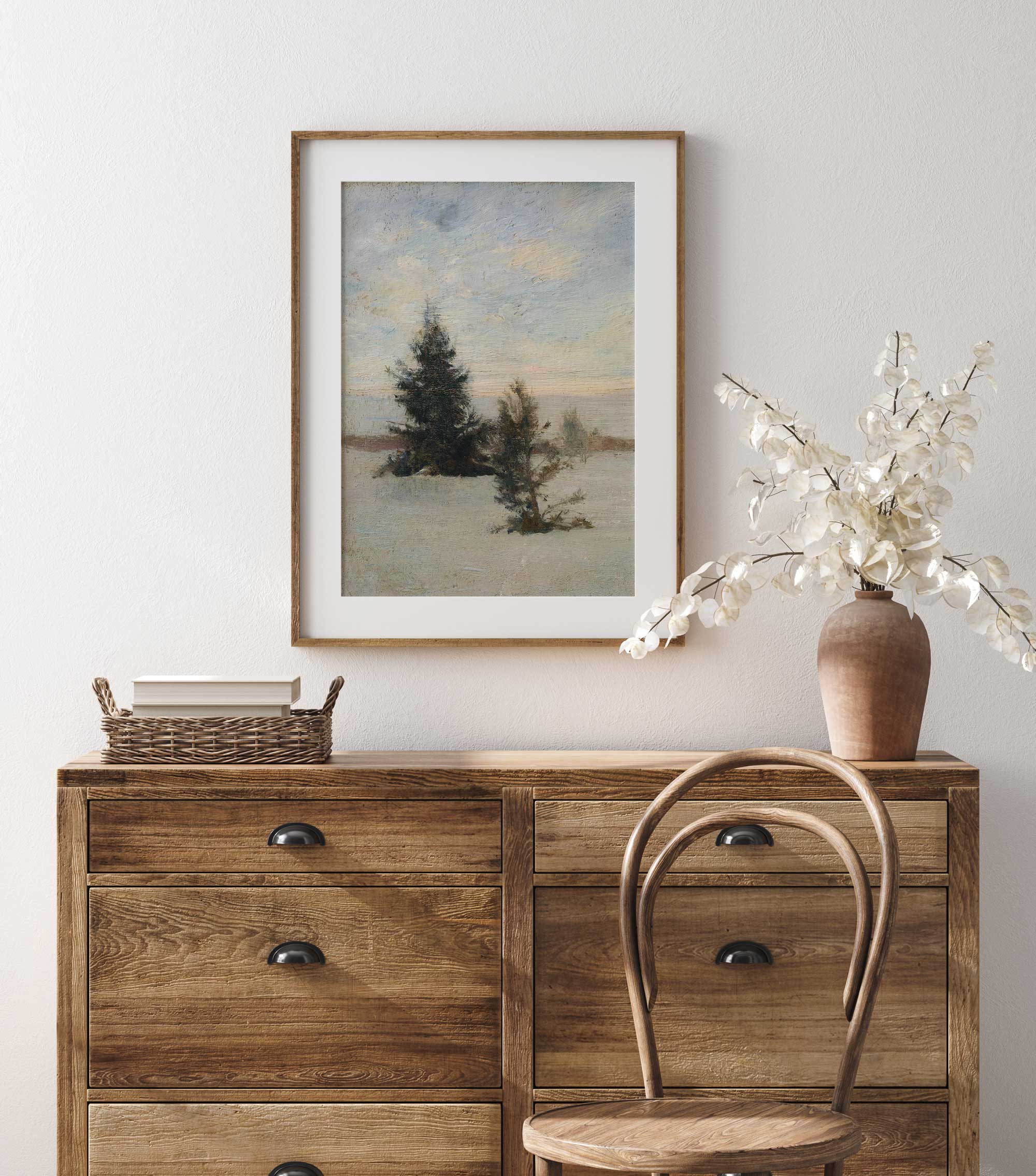 Pine trees in a winter landscape art print