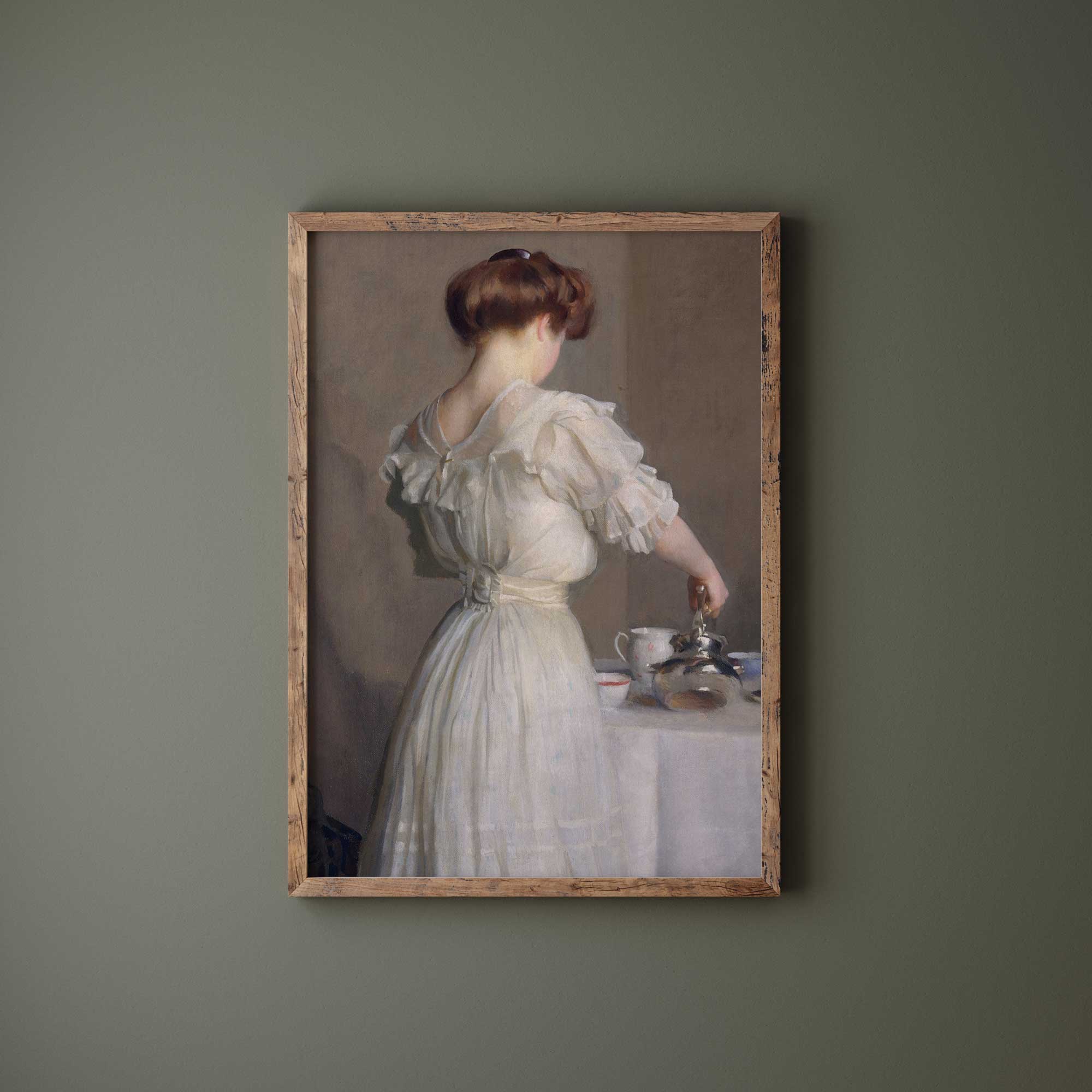 Woman Pouring Tea: Vintage Portrait Print