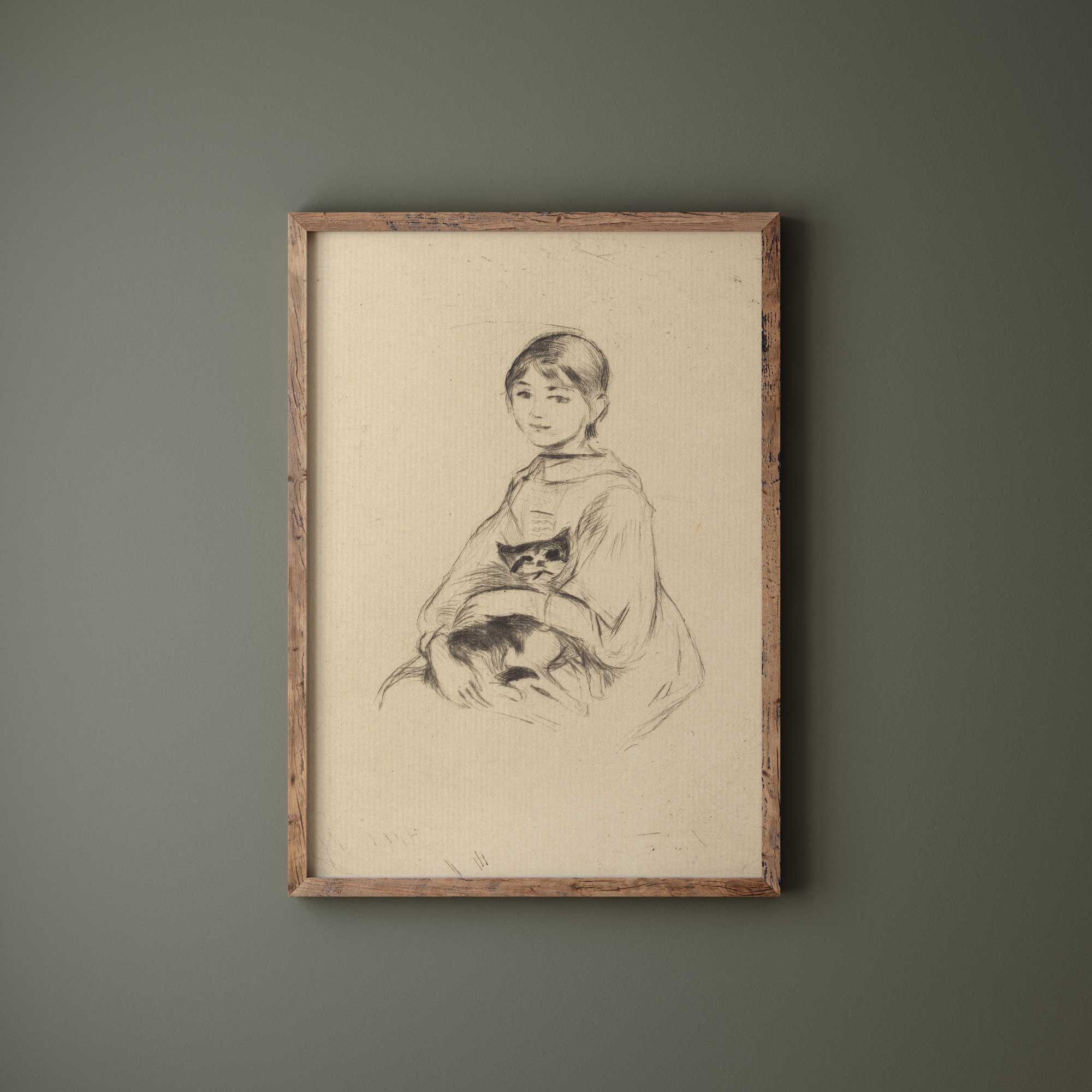 Classic sketch of girl holding cat, fine art print.