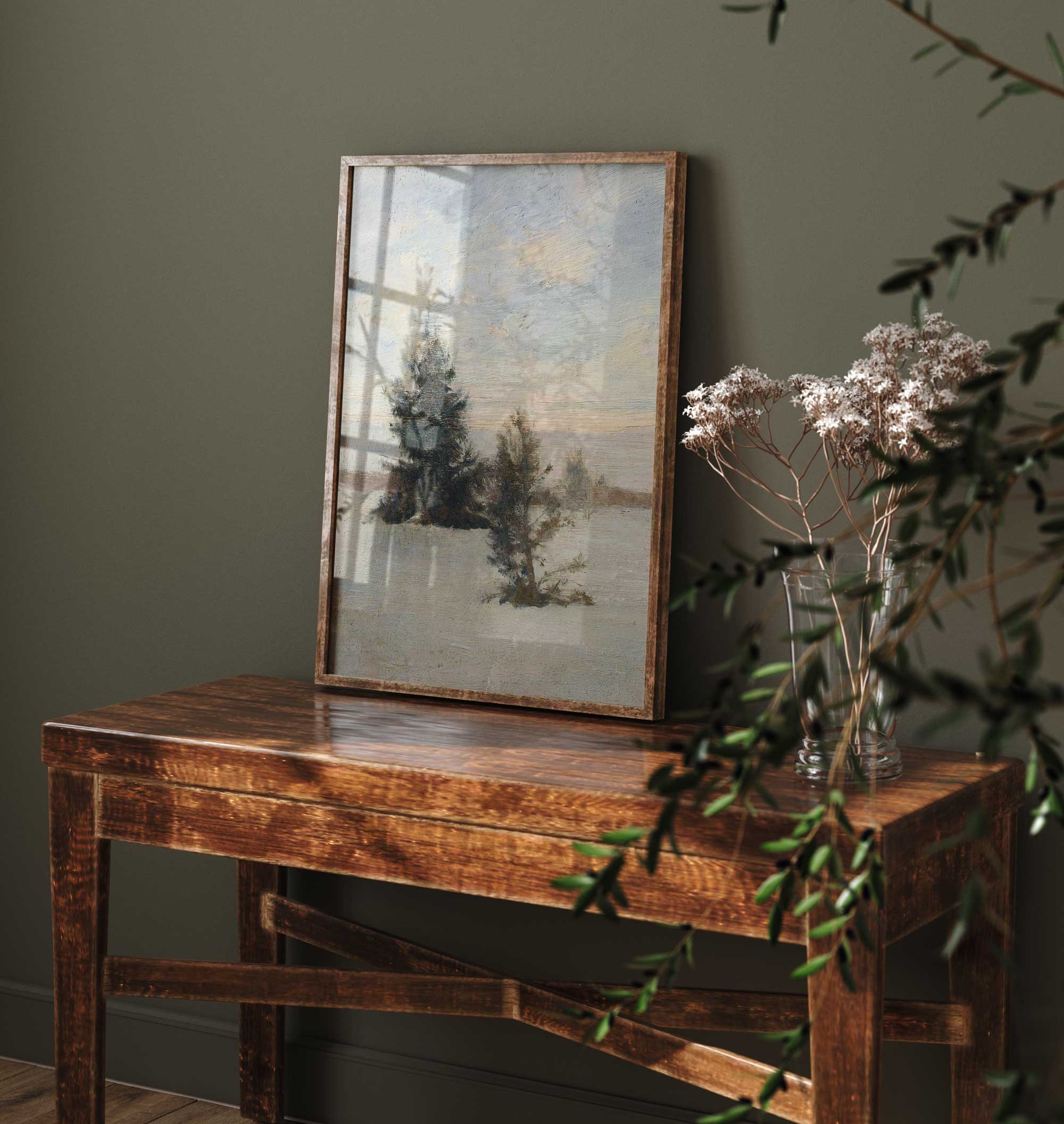 Pine trees in a winter landscape art print