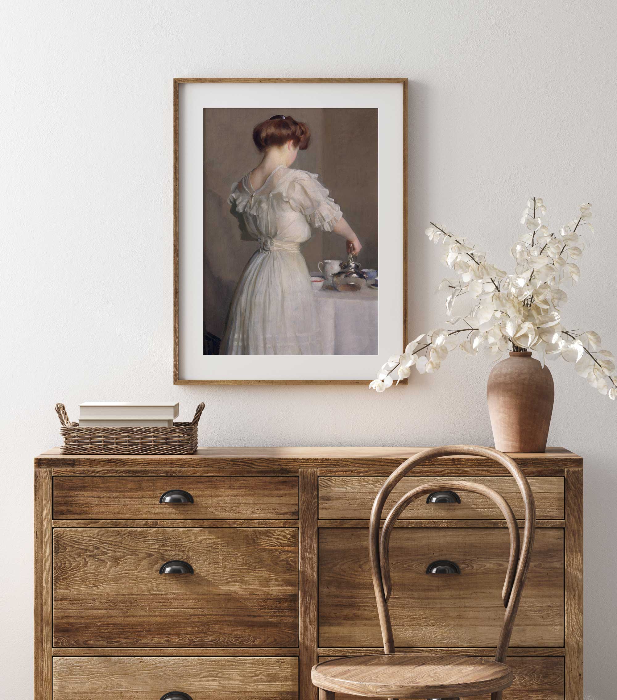 Woman Pouring Tea: Vintage Portrait Print