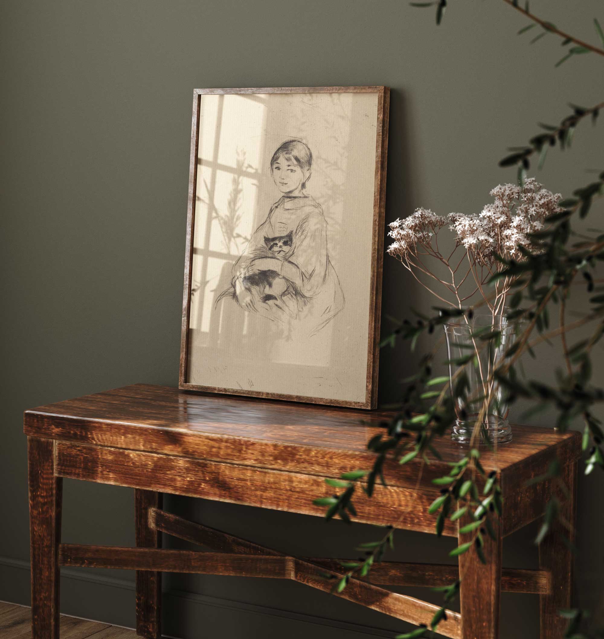 Classic sketch of girl holding cat, fine art print.