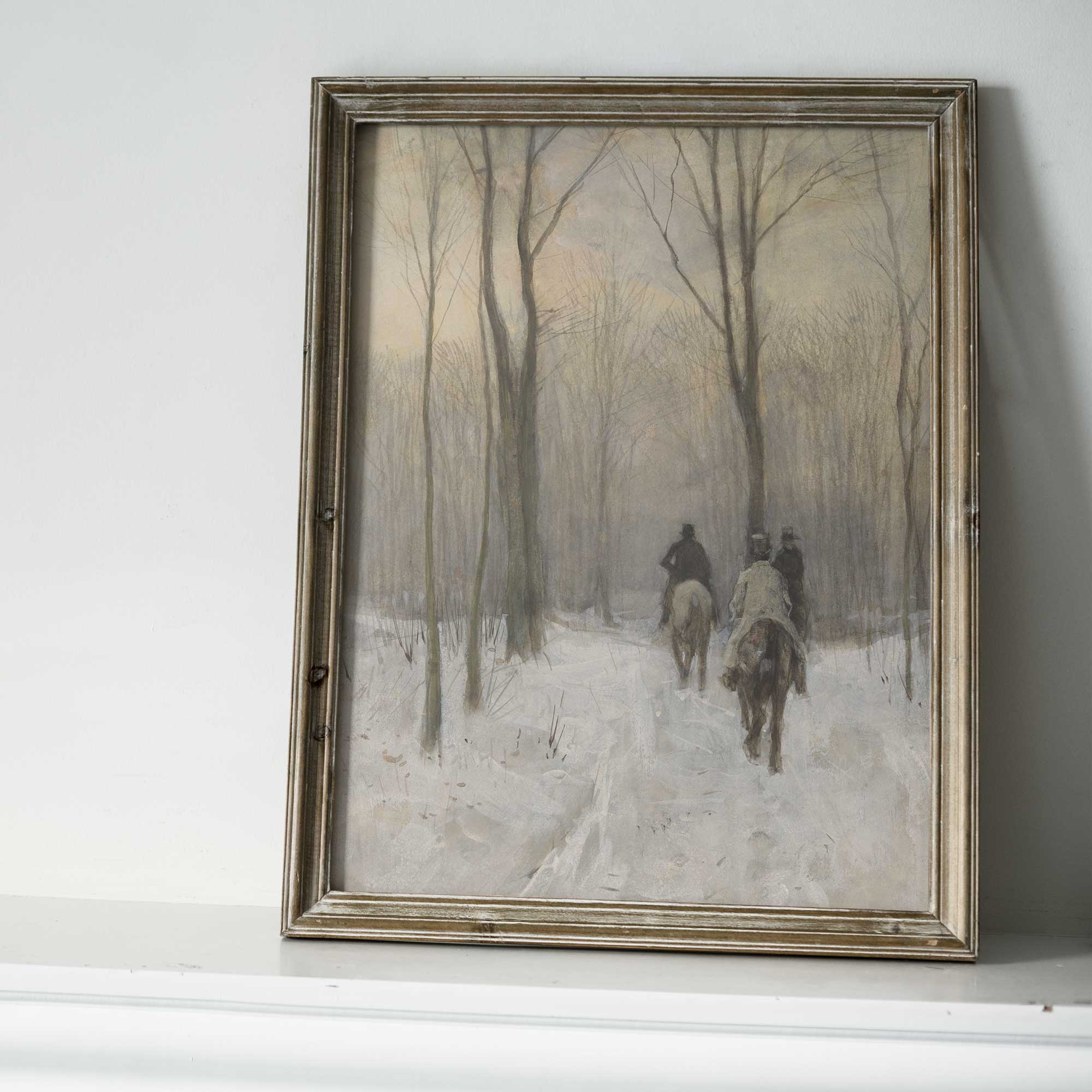 Framed painting of people on horseback in a snowy forest