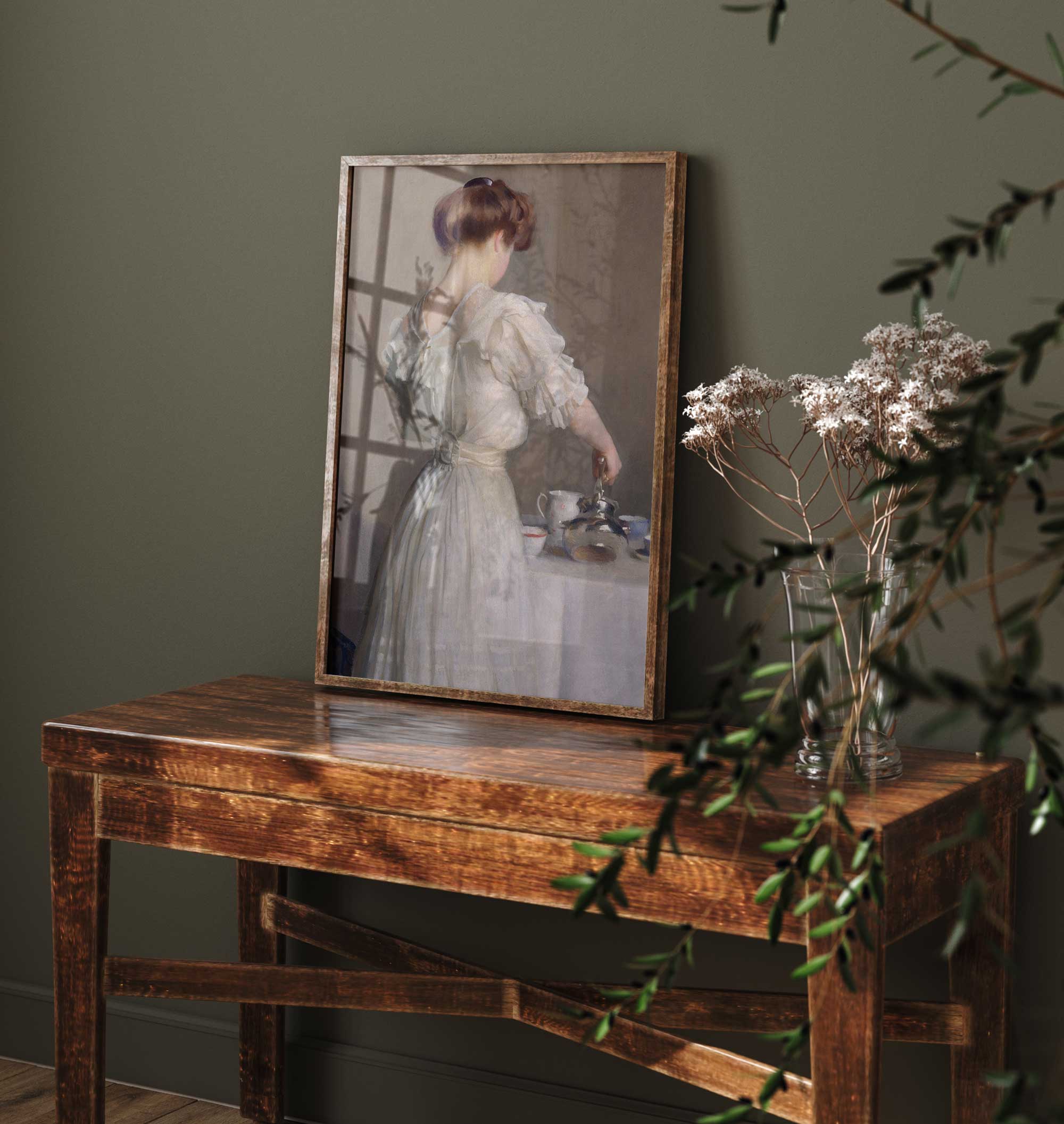 Woman Pouring Tea: Vintage Portrait Print