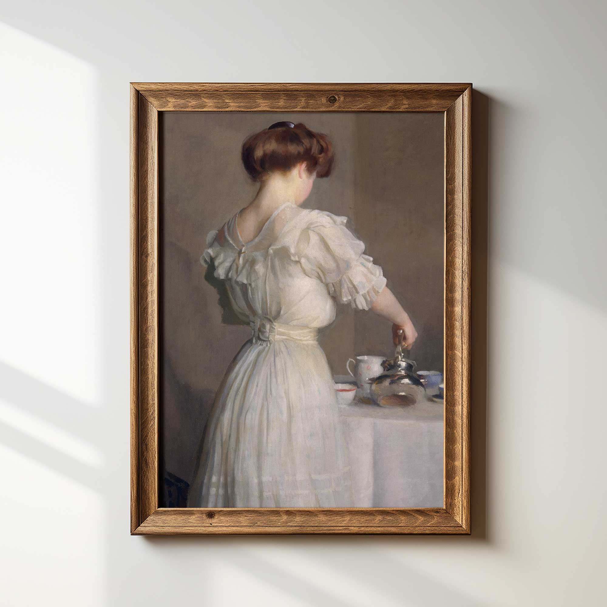 Woman Pouring Tea: Vintage Portrait Print