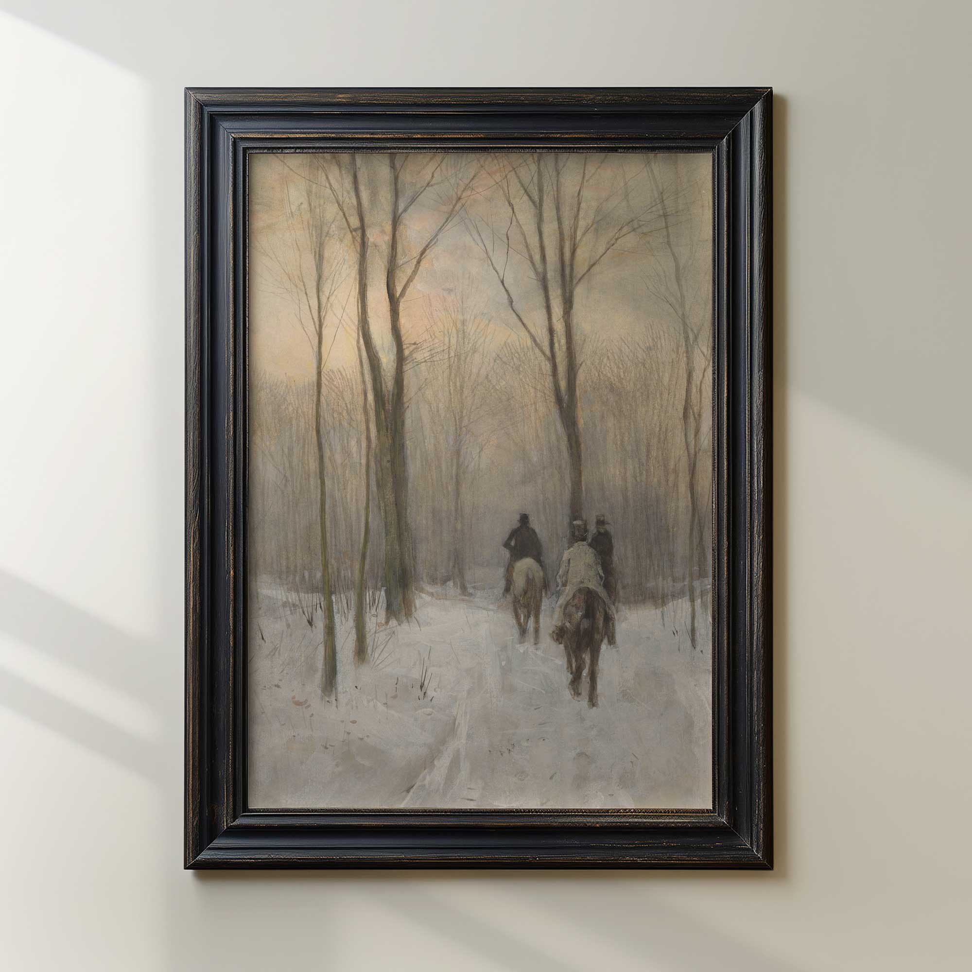 Framed painting of a winter scene with people walking on a snow-covered path.