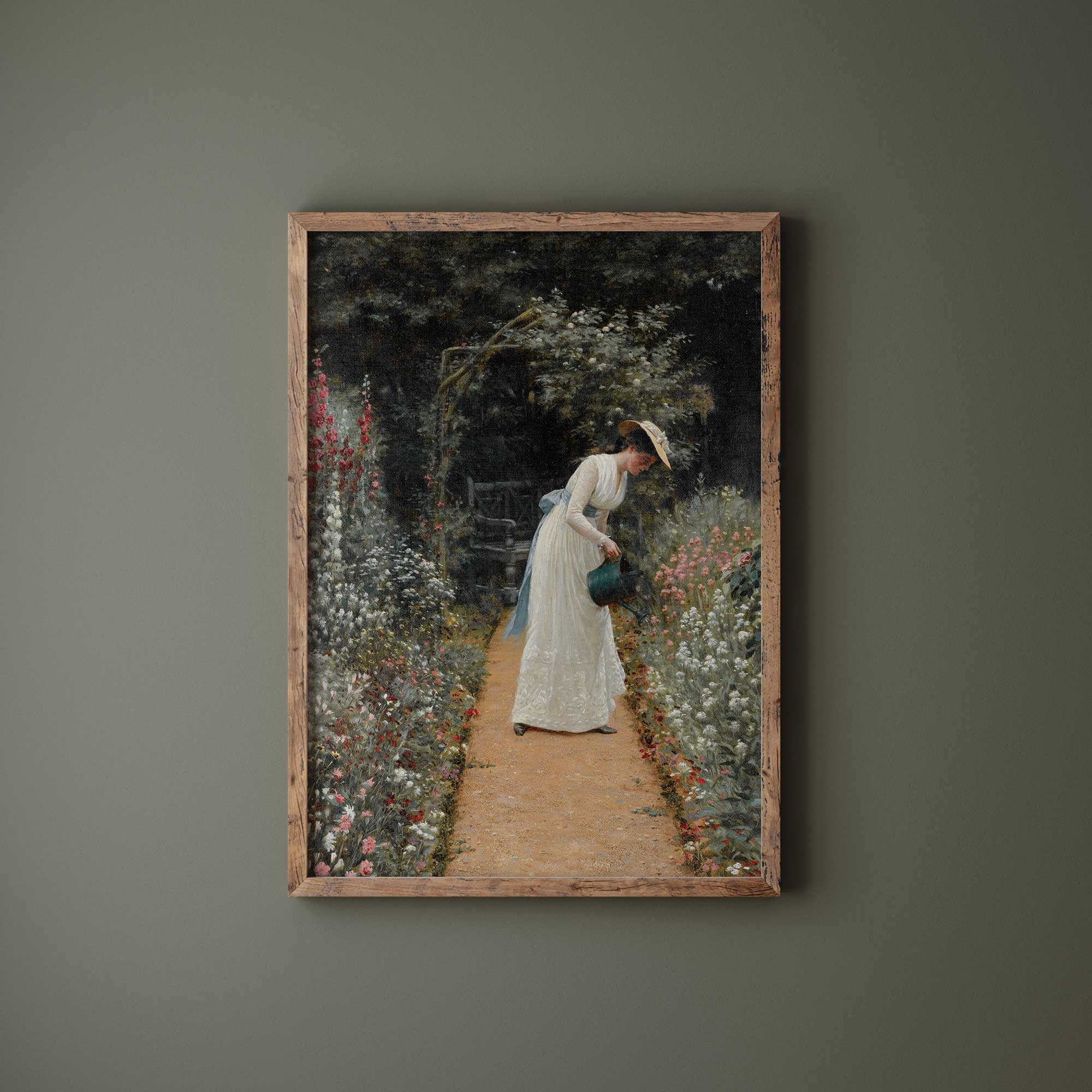 Vintage Portrait Painting, Women Watering Flowers
