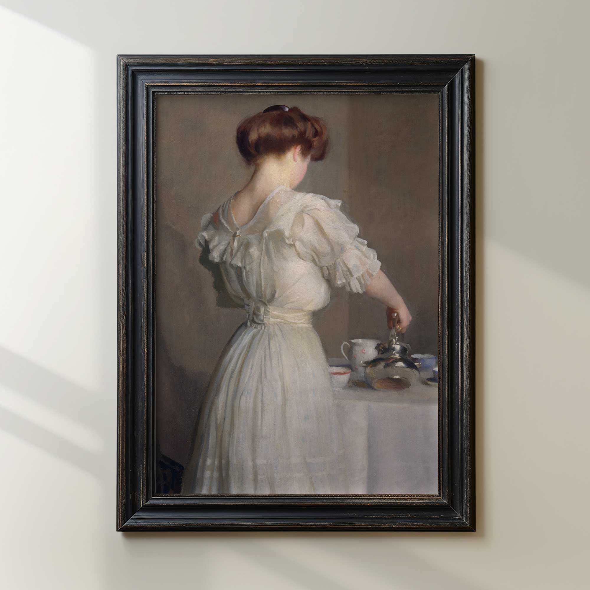 Woman Pouring Tea: Vintage Portrait Print