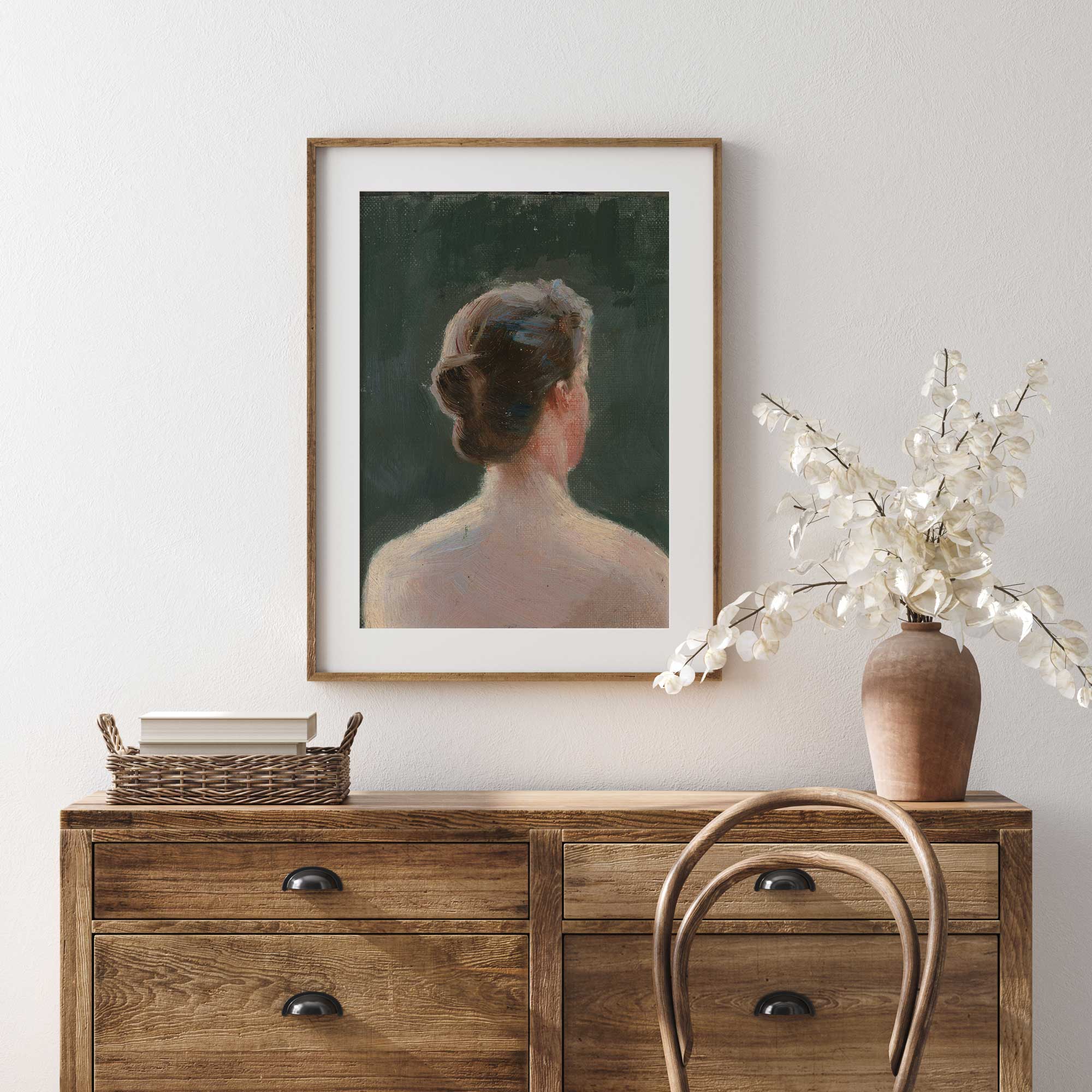 Premium fine art portrait print of a woman with an updo, painted by Finnish artist Torsten Wasastjerna