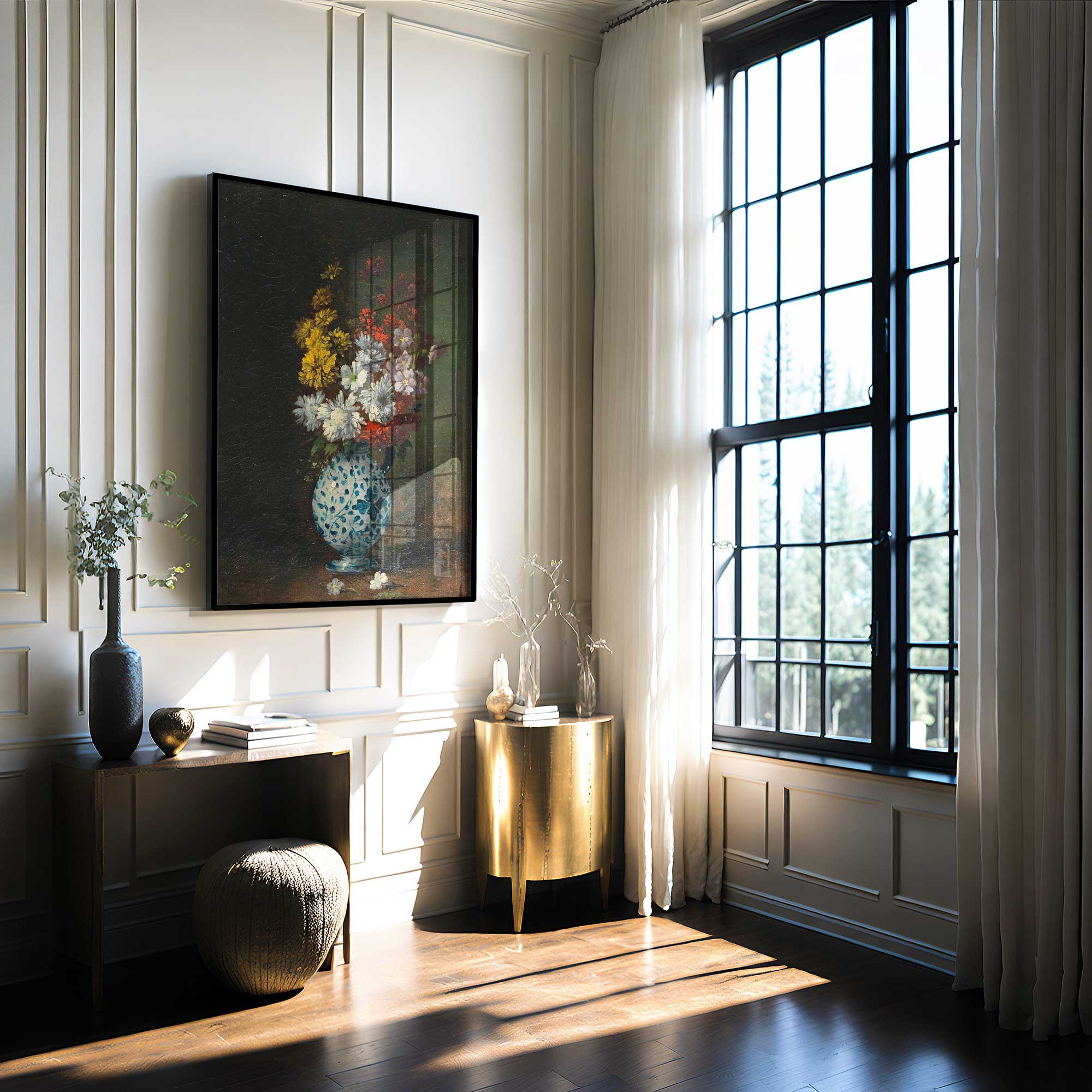Modern interior with a desk, decorative vase, and framed artwork near a large window.