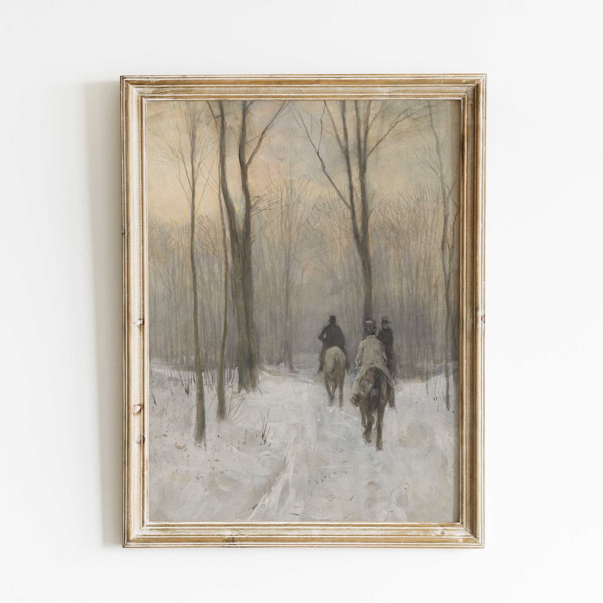 Framed painting of a snowy landscape with people on horseback