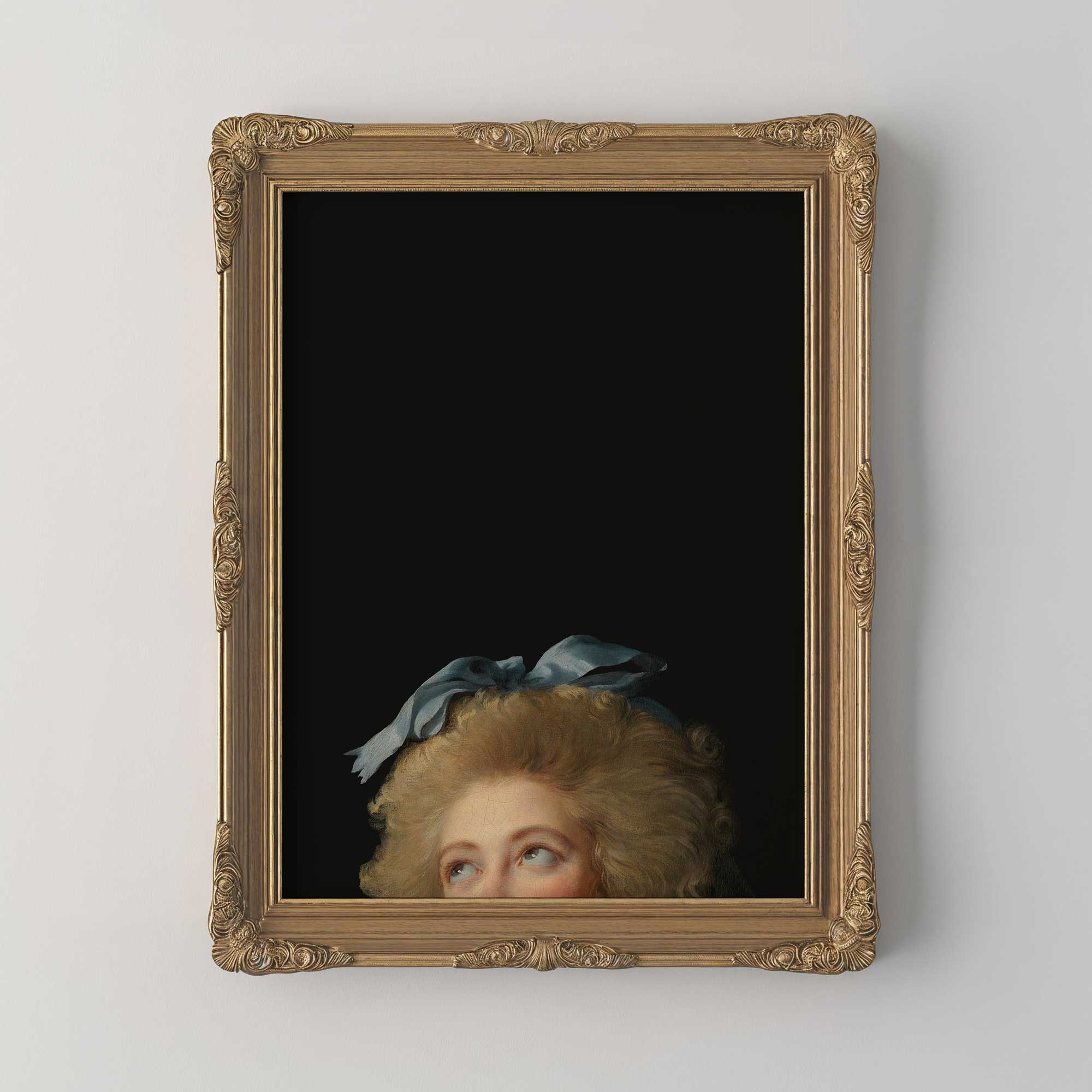 Framed Eclectic Vintage Portrait Print of a woman's face with a decorative headpiece on a plain background