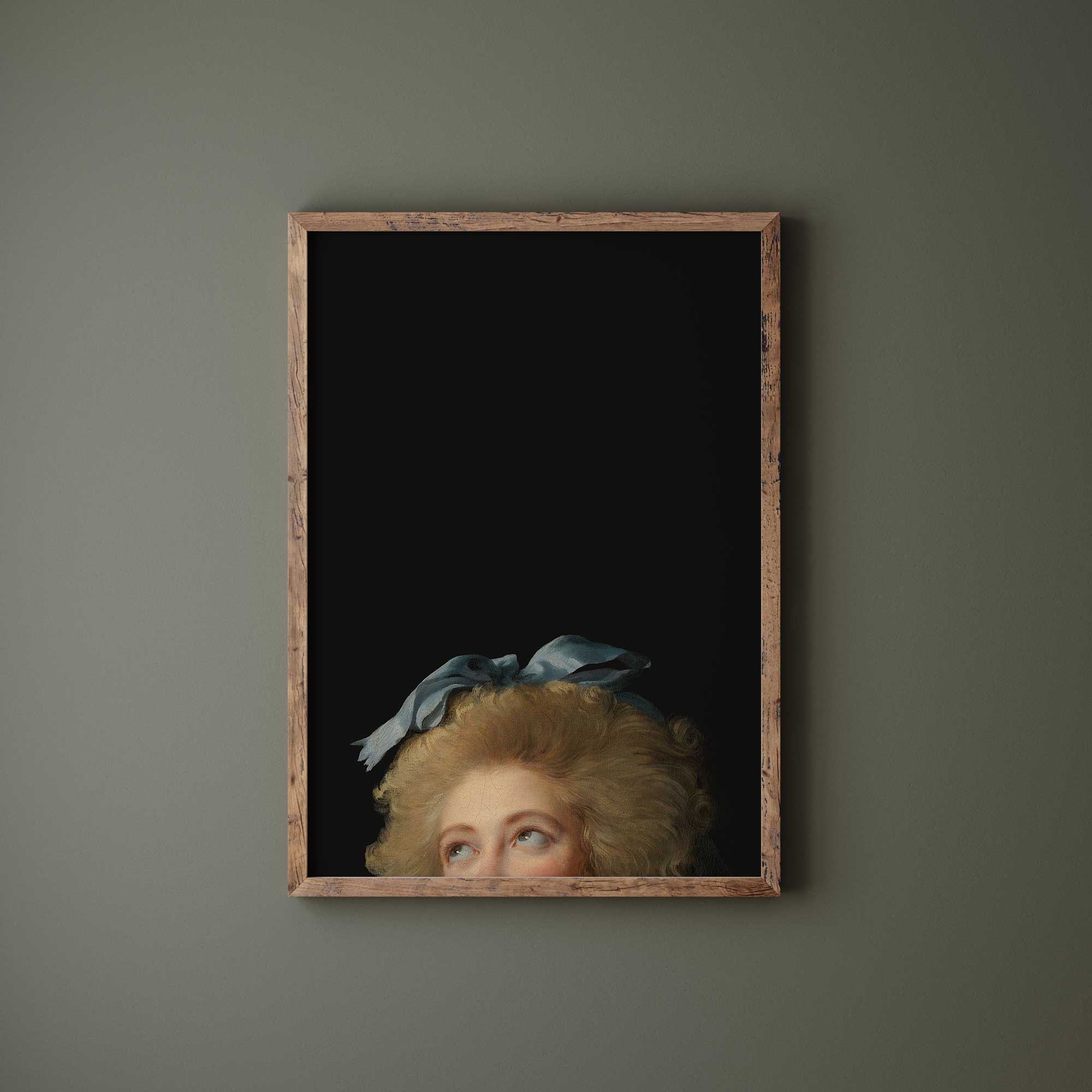 Framed Eclectic Vintage Portrait Print of a woman's face with blonde hair and a blue ribbon against a dark background.