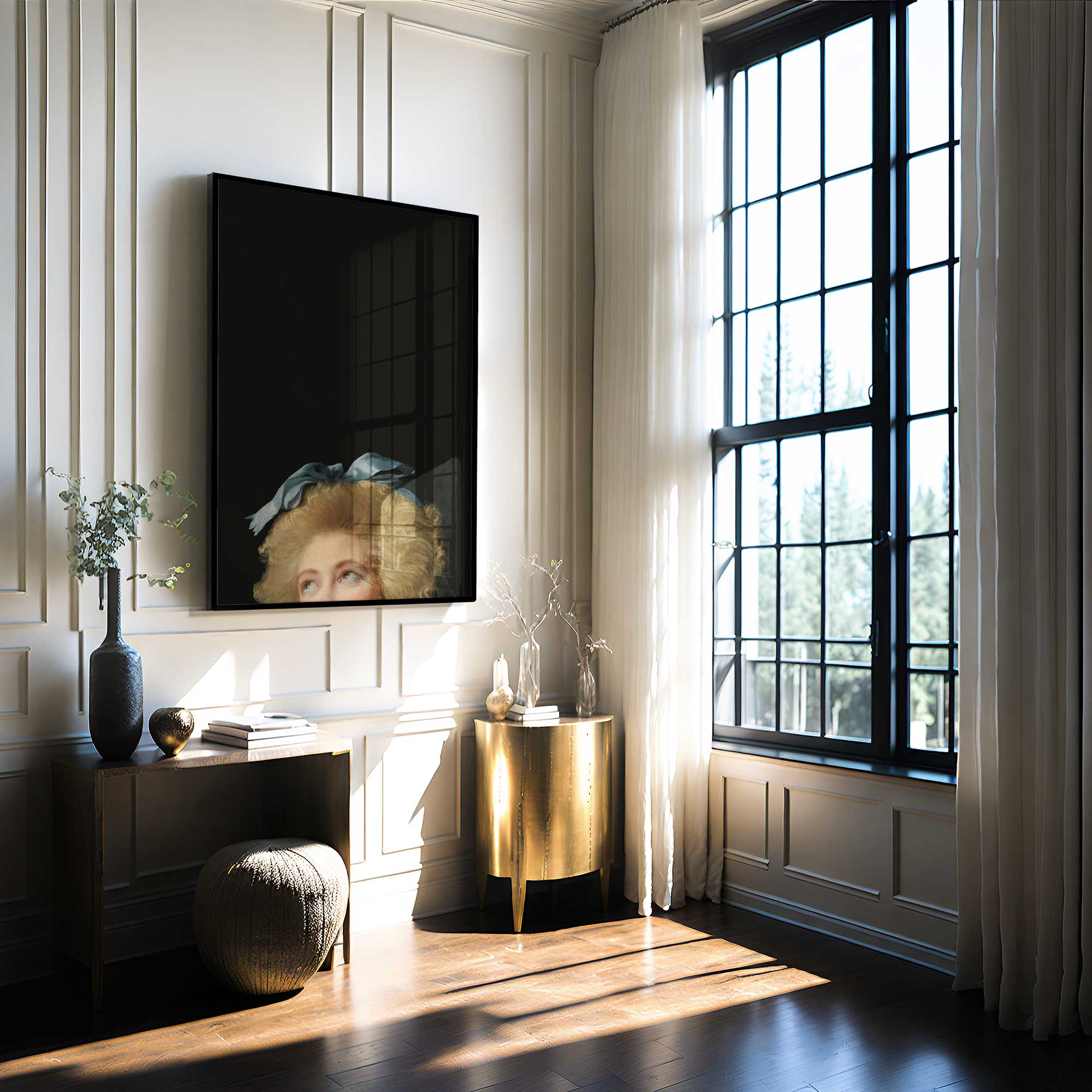 Modern interior with a Eclectic Vintage Portrait Print on the wall, a desk, and a large window.