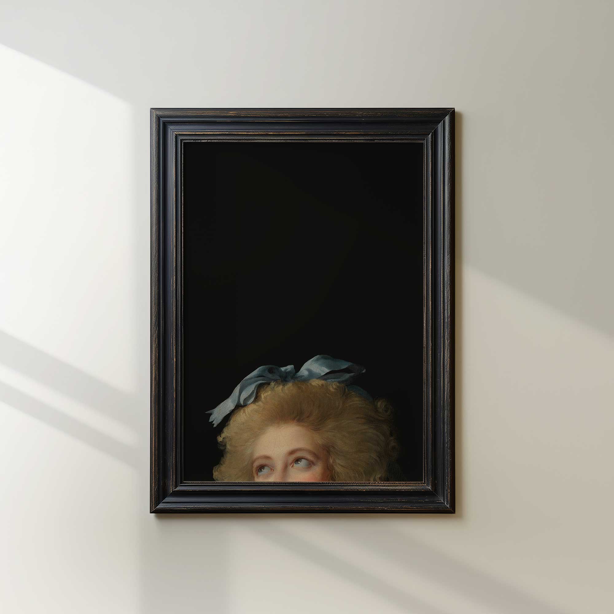 Framed Eclectic Vintage Portrait Print of a woman with a blue ribbon on a white wall