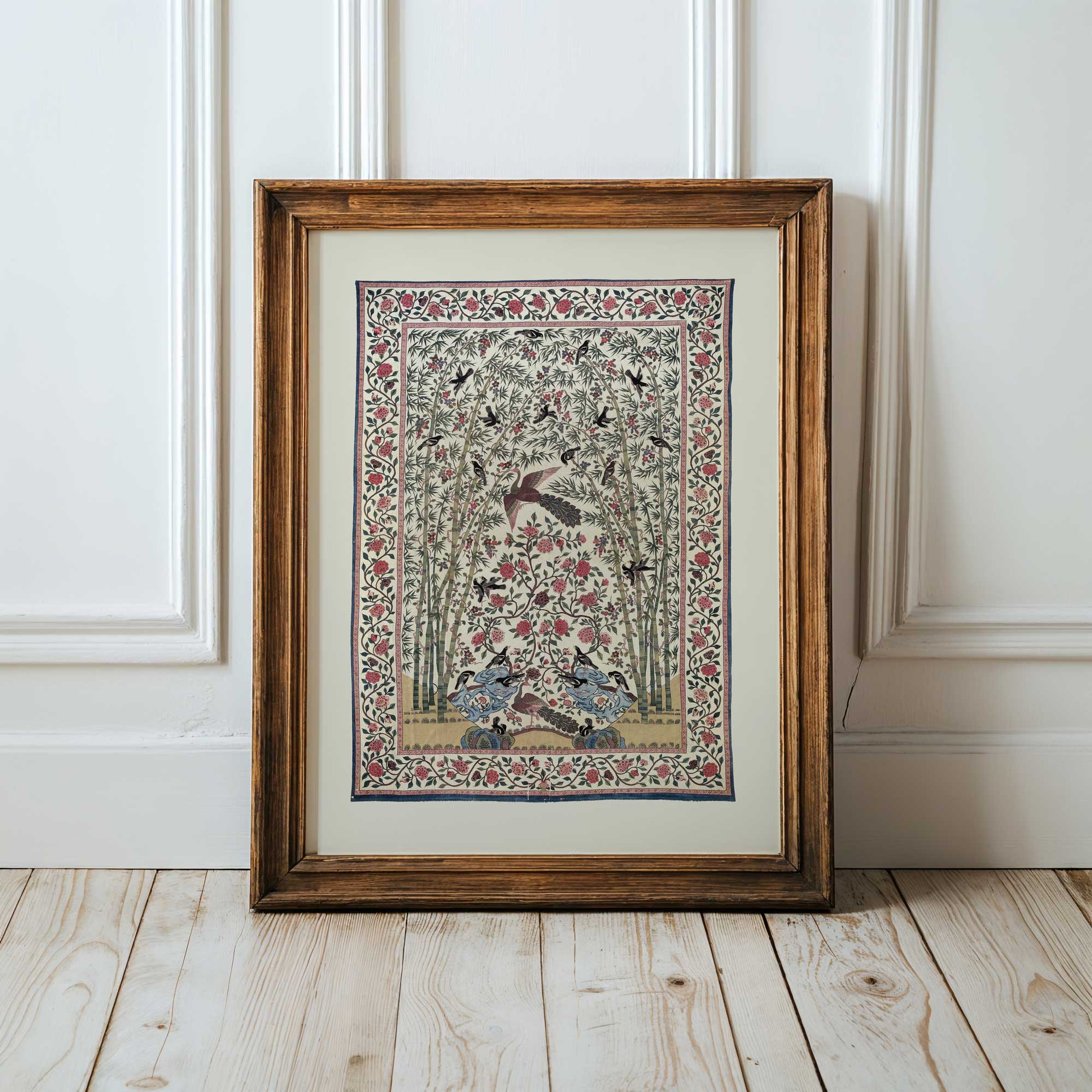 intage bird and floral patterned textile print with bamboo and peonies in rustic interior.