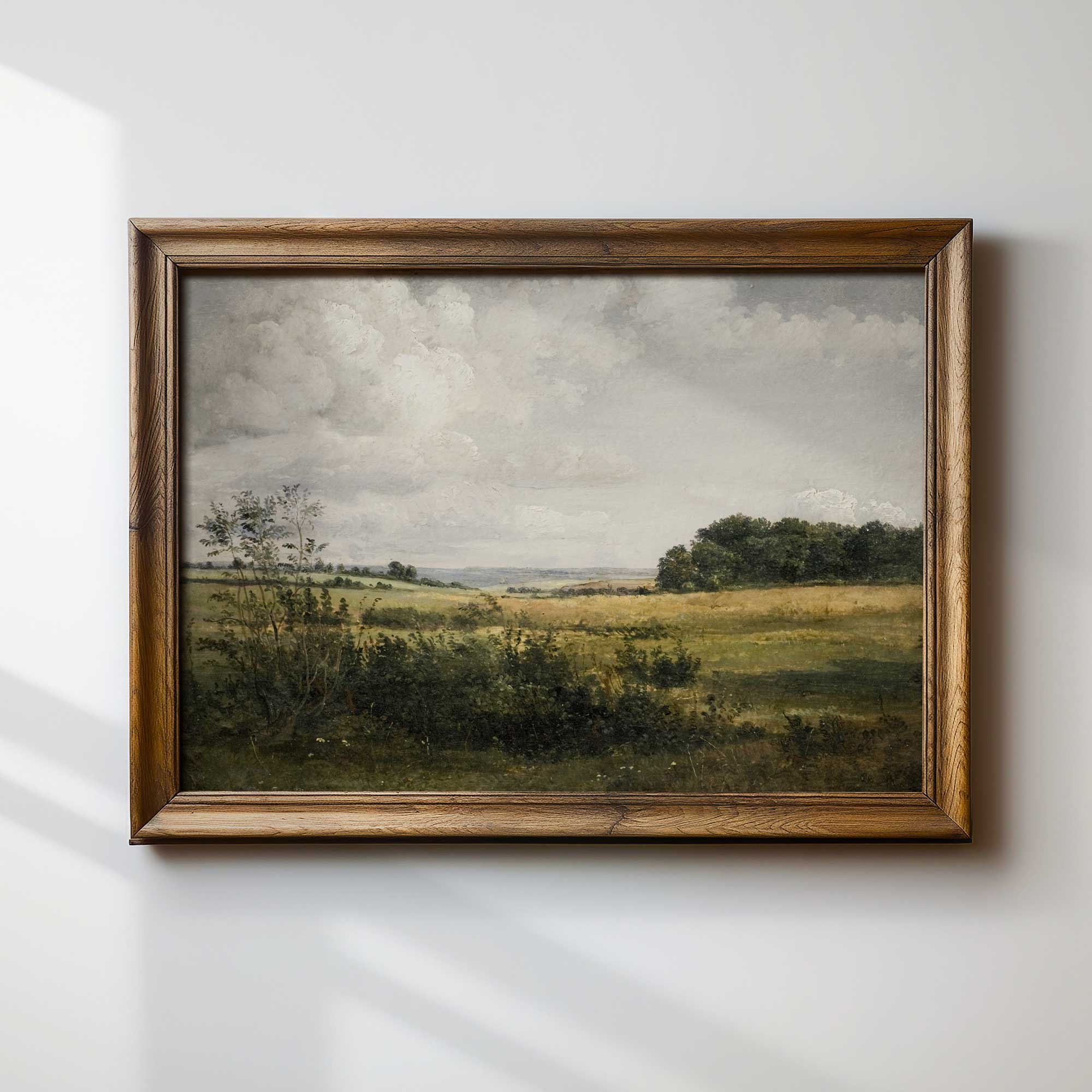 Framed Rustic Landscape Print of Golden Fields and Sunlit Clouds