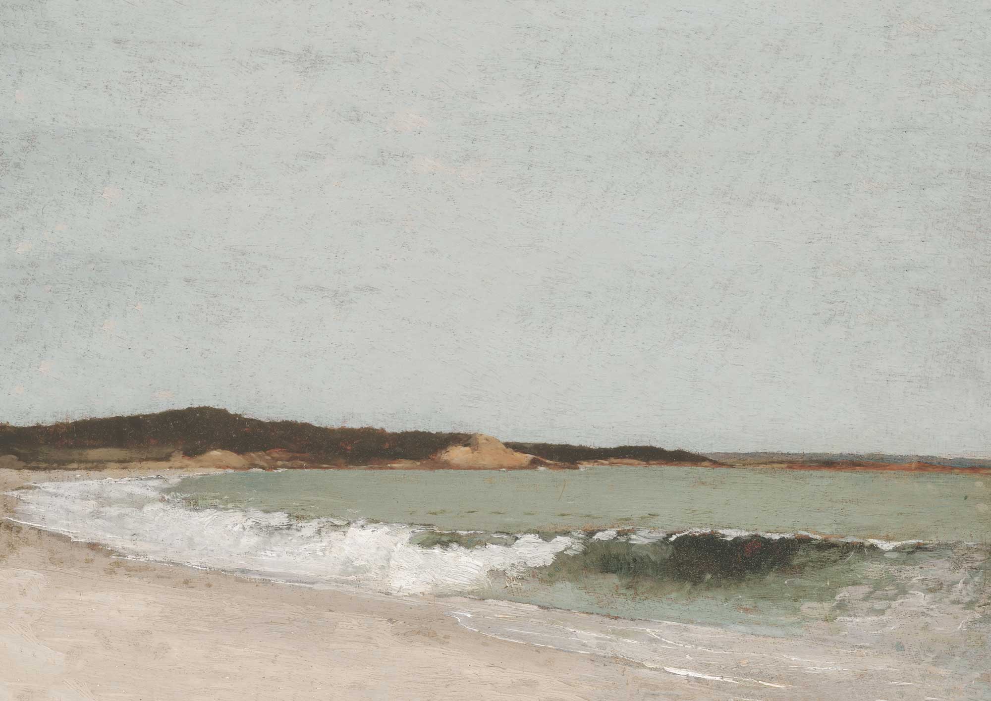 Coastal scene with waves and sandy beach, possibly a painting.