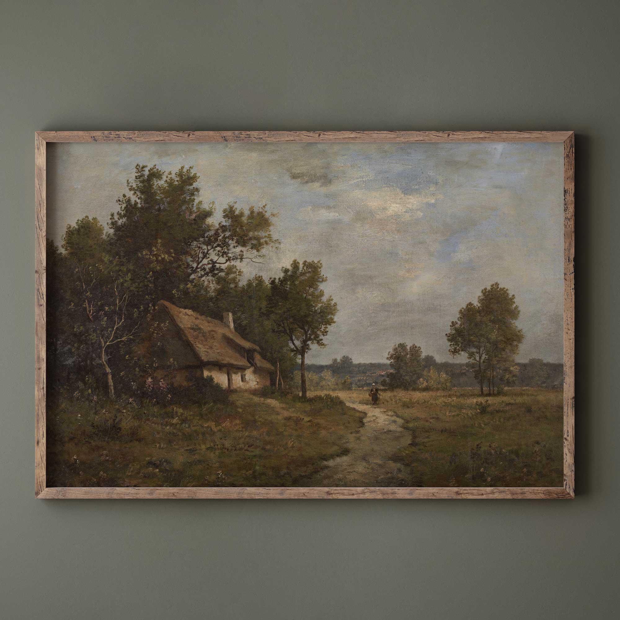 Framed French rustic country landscape print on sage green wall — farmhouse wall art