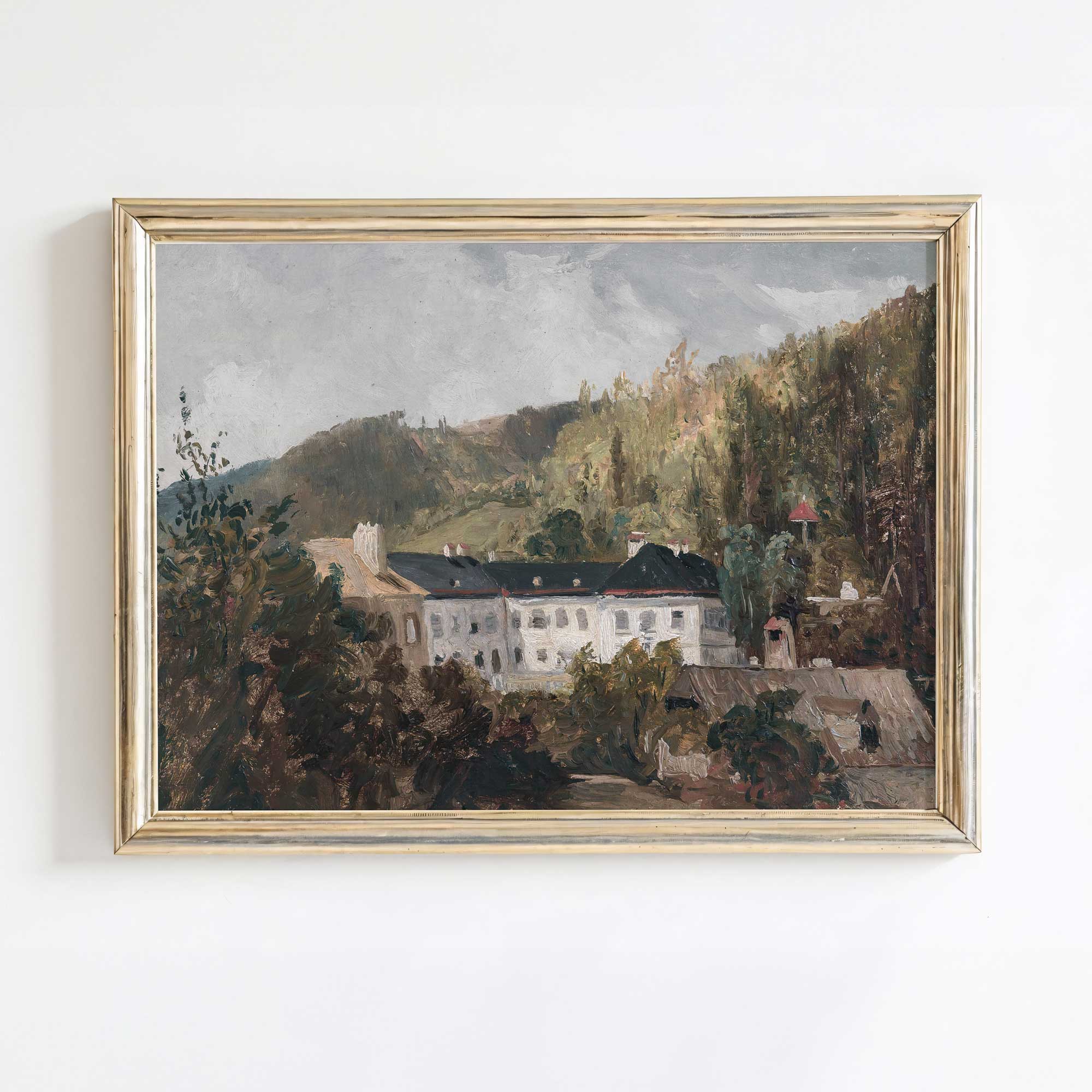 Vintage Estate Print | European Manor in Woodland | Rustic Landscape Wall Art