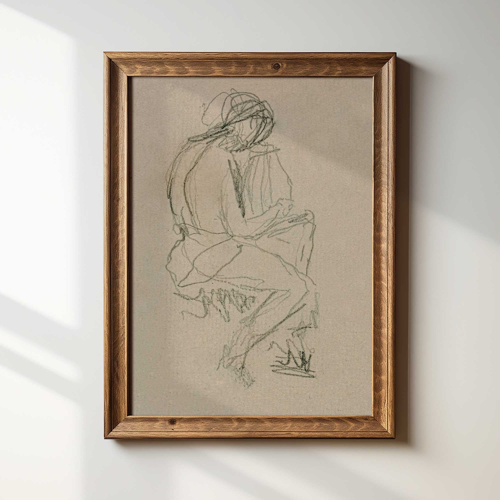 Figure Study Wall Art Print – Abstract Line Drawing in Neutral Tones displayed in a brown frame on a white wall
