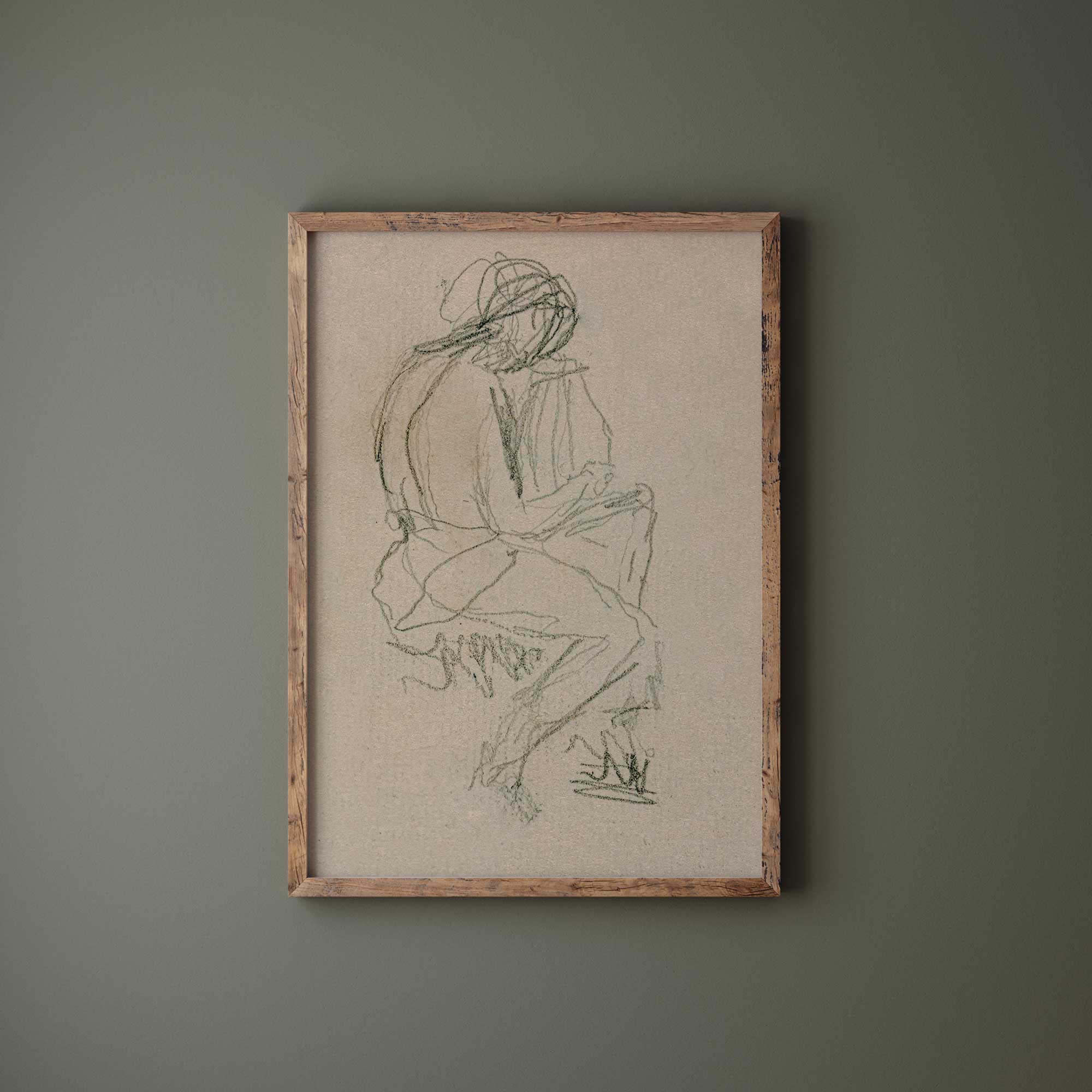 Figure Study Wall Art Print – Abstract Line Drawing in Neutral Tones displayed in a rustic wooden frame on green wall