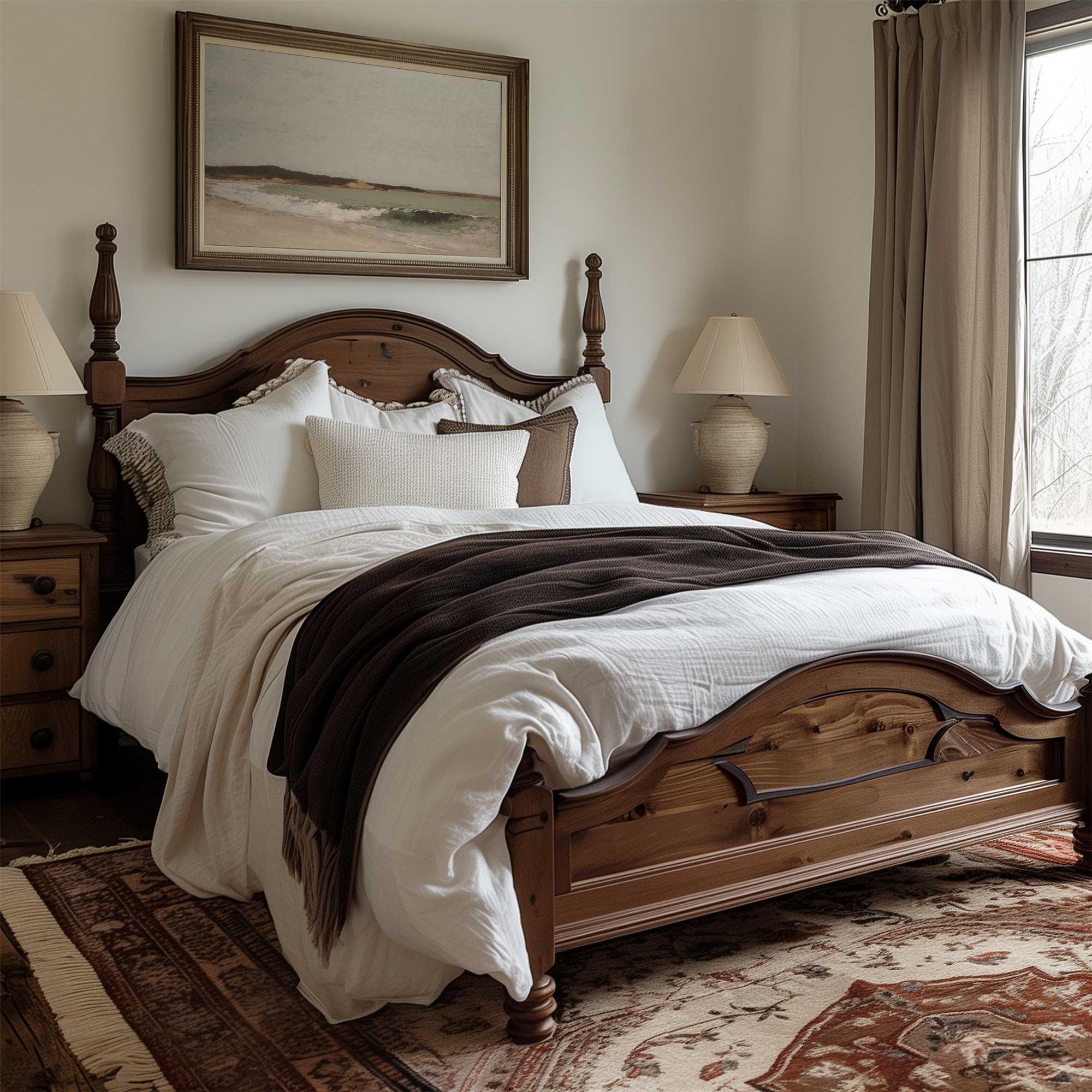 Bedroom with wooden bed, white bedding, and framed Muted Seascape Print Vintage Coastal Wall Art