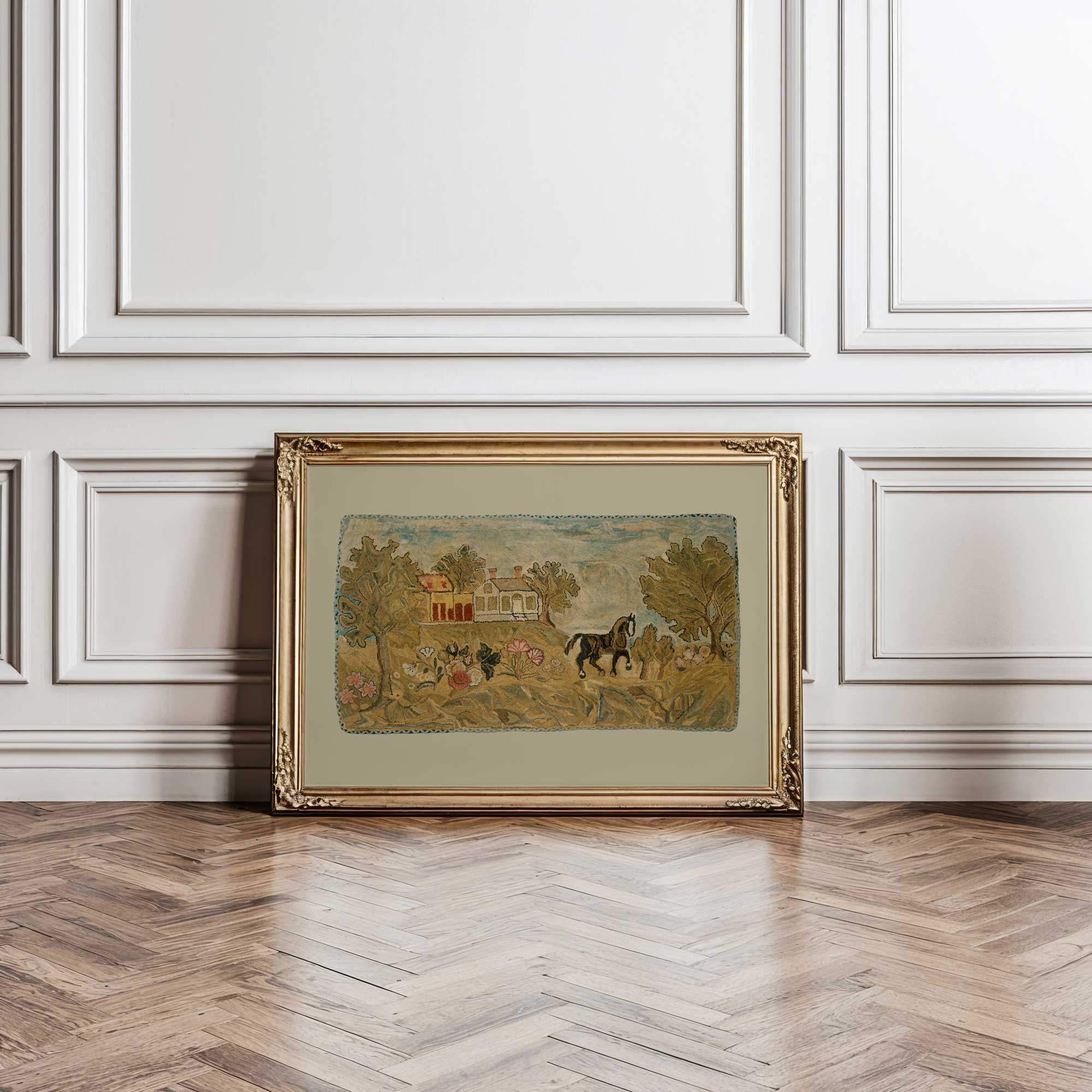 Framed Hooked Rug, Rustic Nursery Wall Art Print on a wall with wooden floor