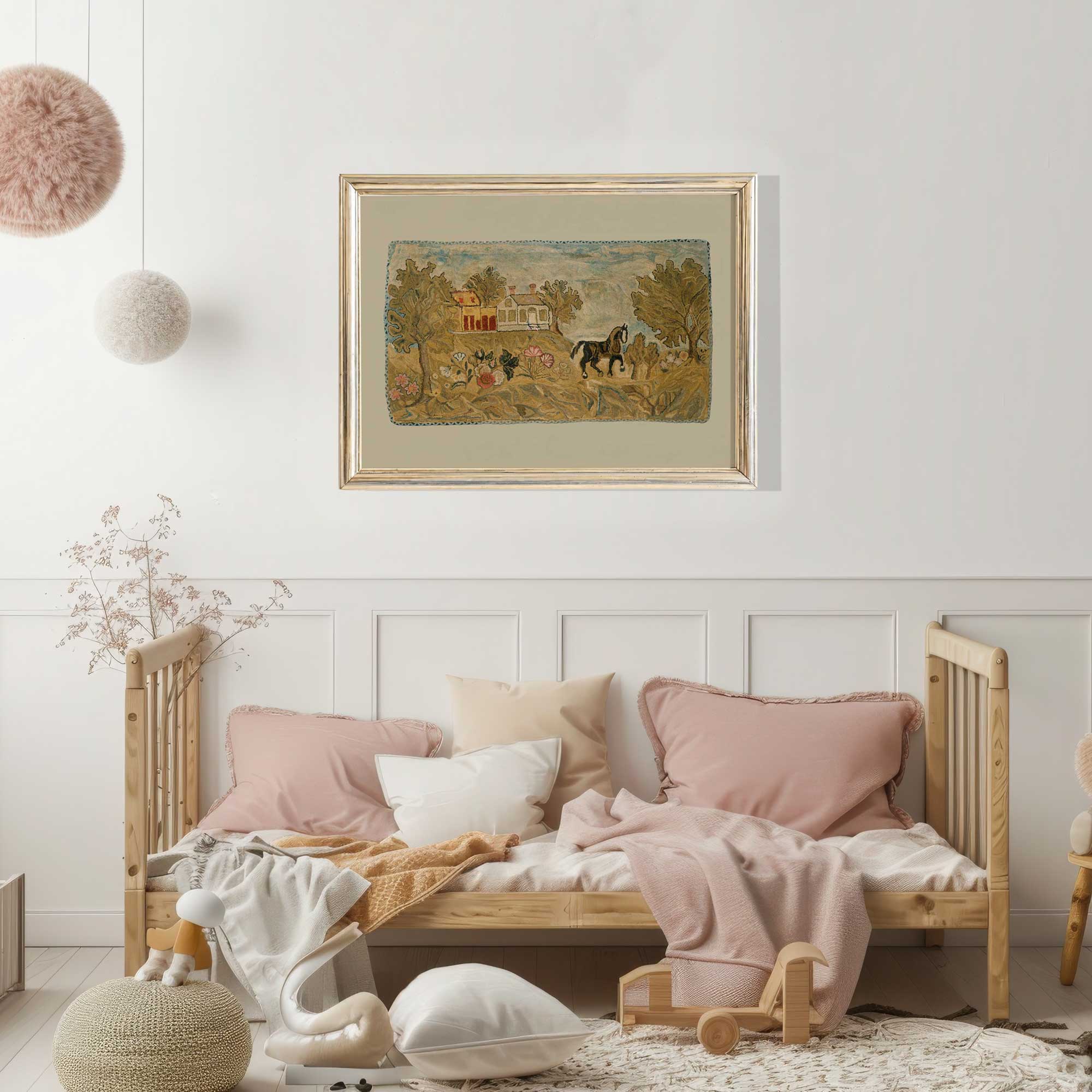 Children's bedroom with wooden bed, pink and white pillows, and framed Rustic Country Cottage Vintage Folk Nursery artwork on the wall.