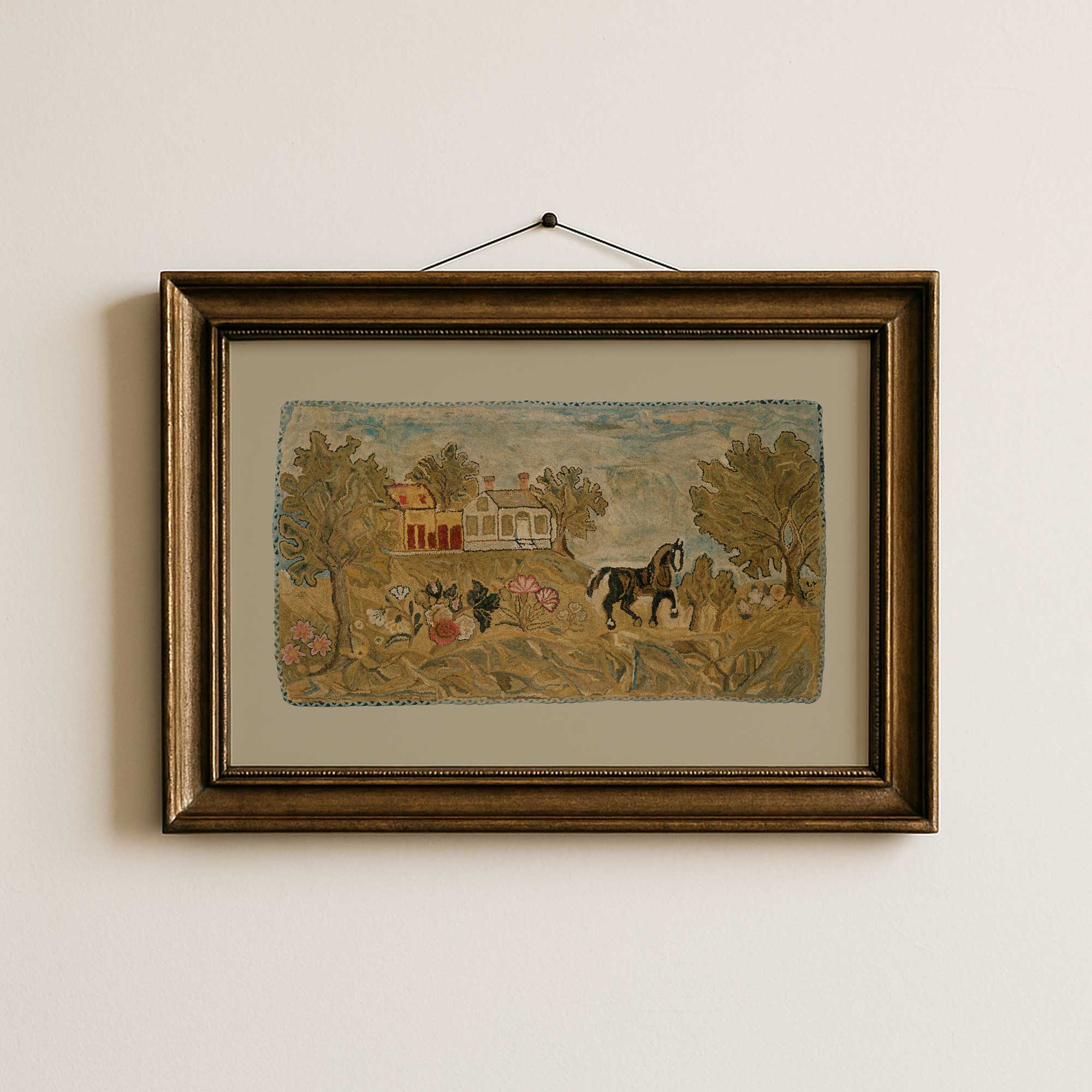 Framed Hooked Rug Art Print |Wall Art on a beige wall