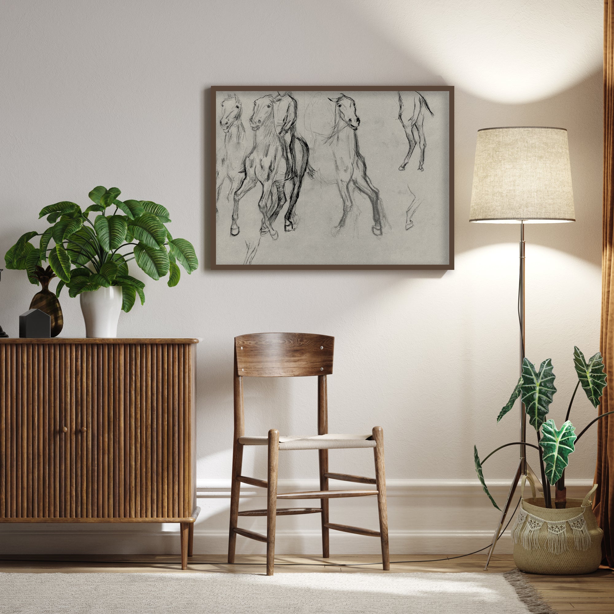 Living room with wooden cabinet, chair, and floor lamp, featuring a framed artwork of horses on the wall.