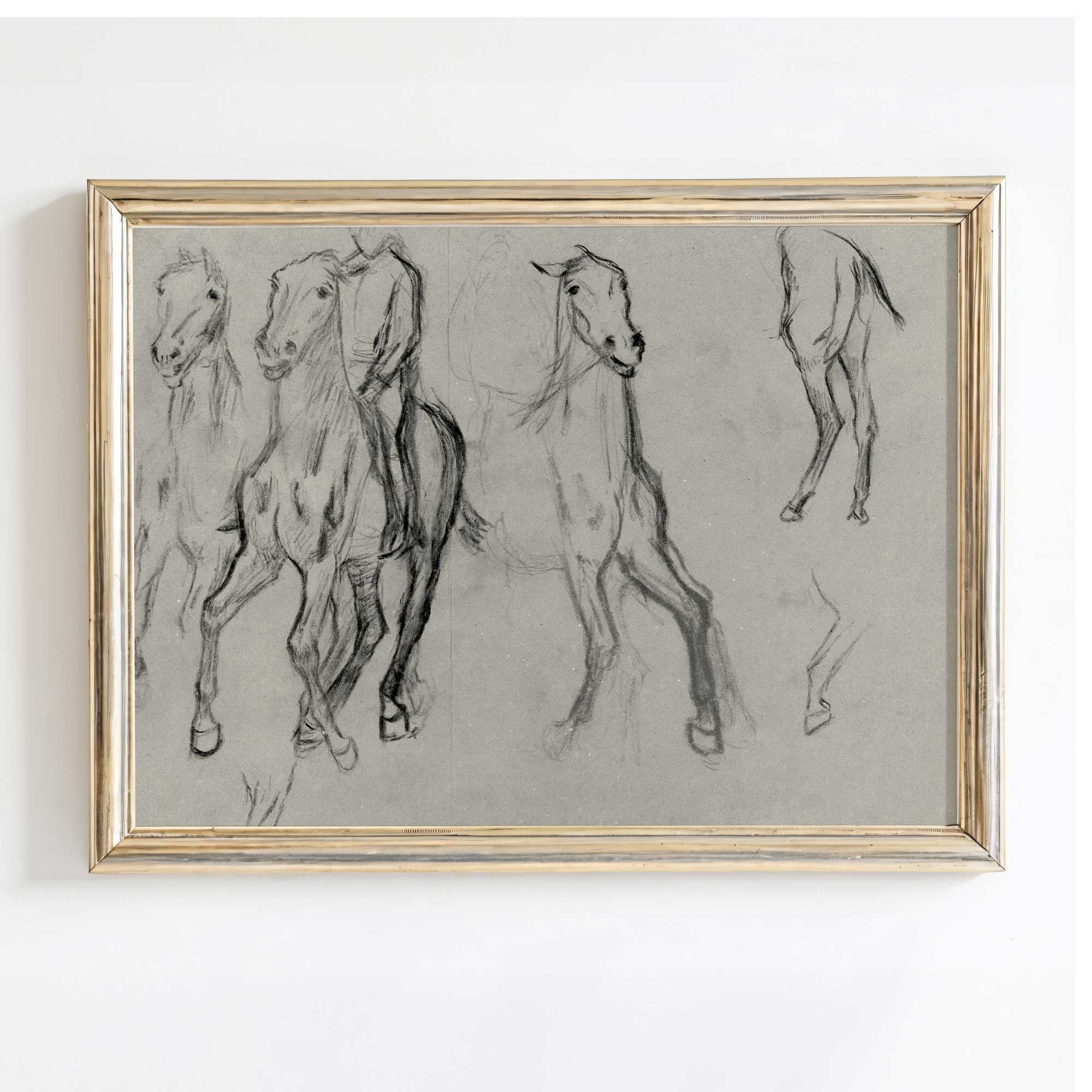 Framed artwork of horse sketches on a light gray background