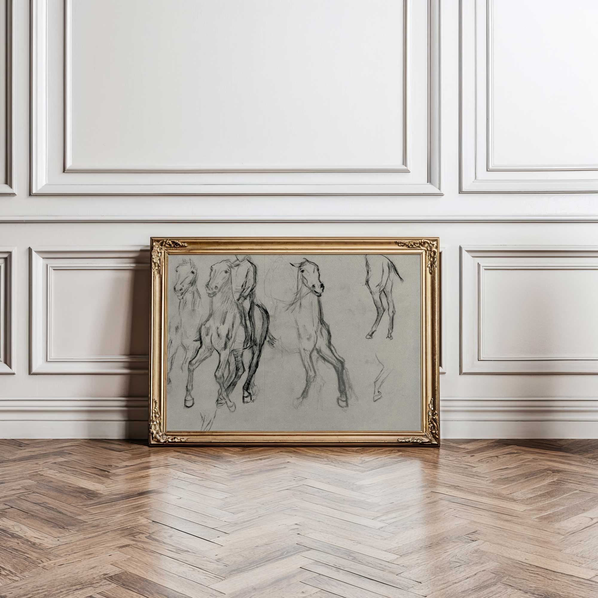 Framed artwork of horse sketches on a wall with wooden floor