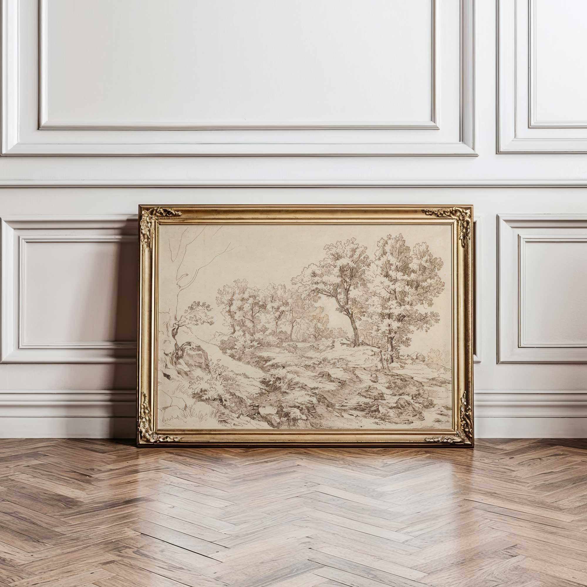 Framed landscape drawing artwork on a wall with wooden floor