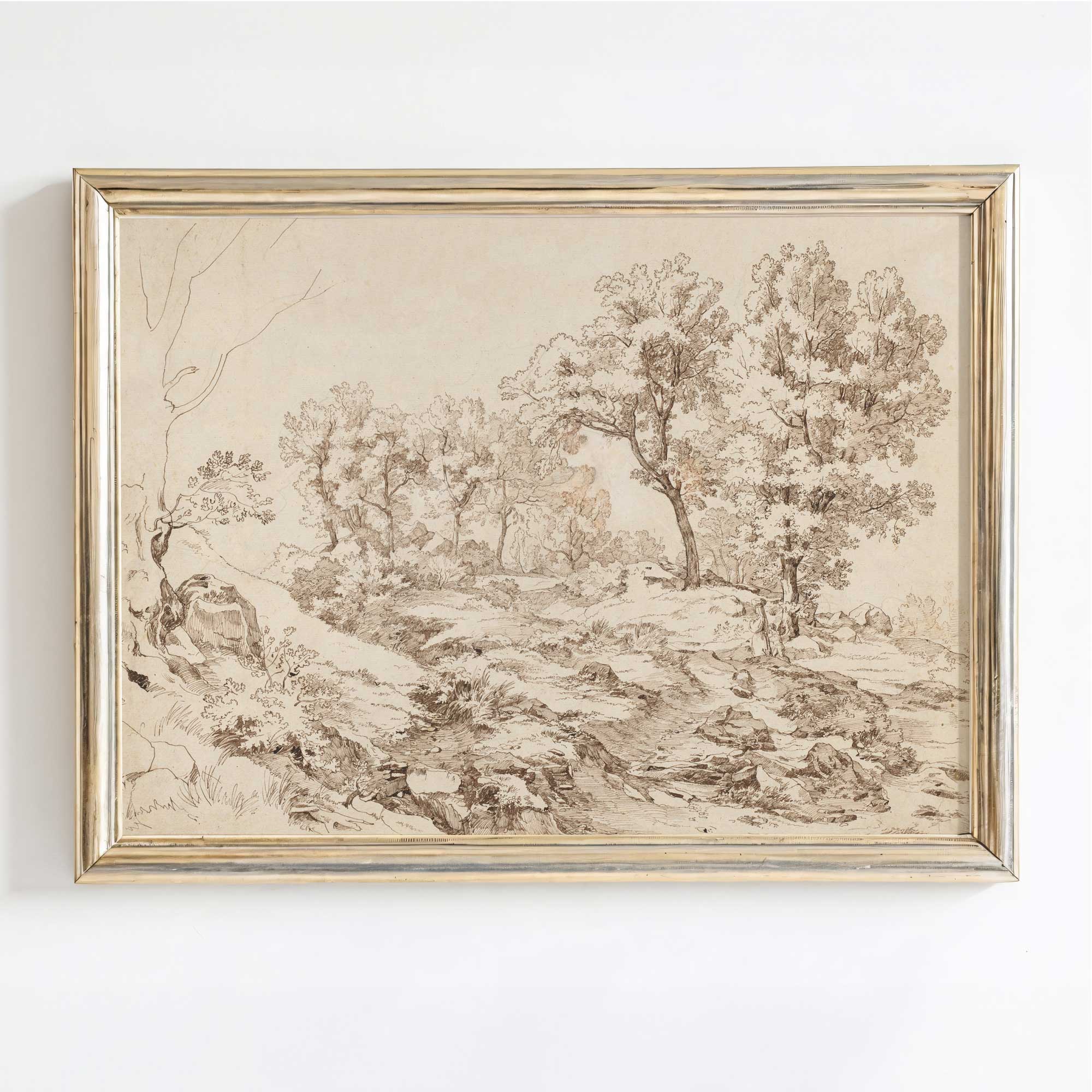 Framed landscape drawing with trees and a path on a white background