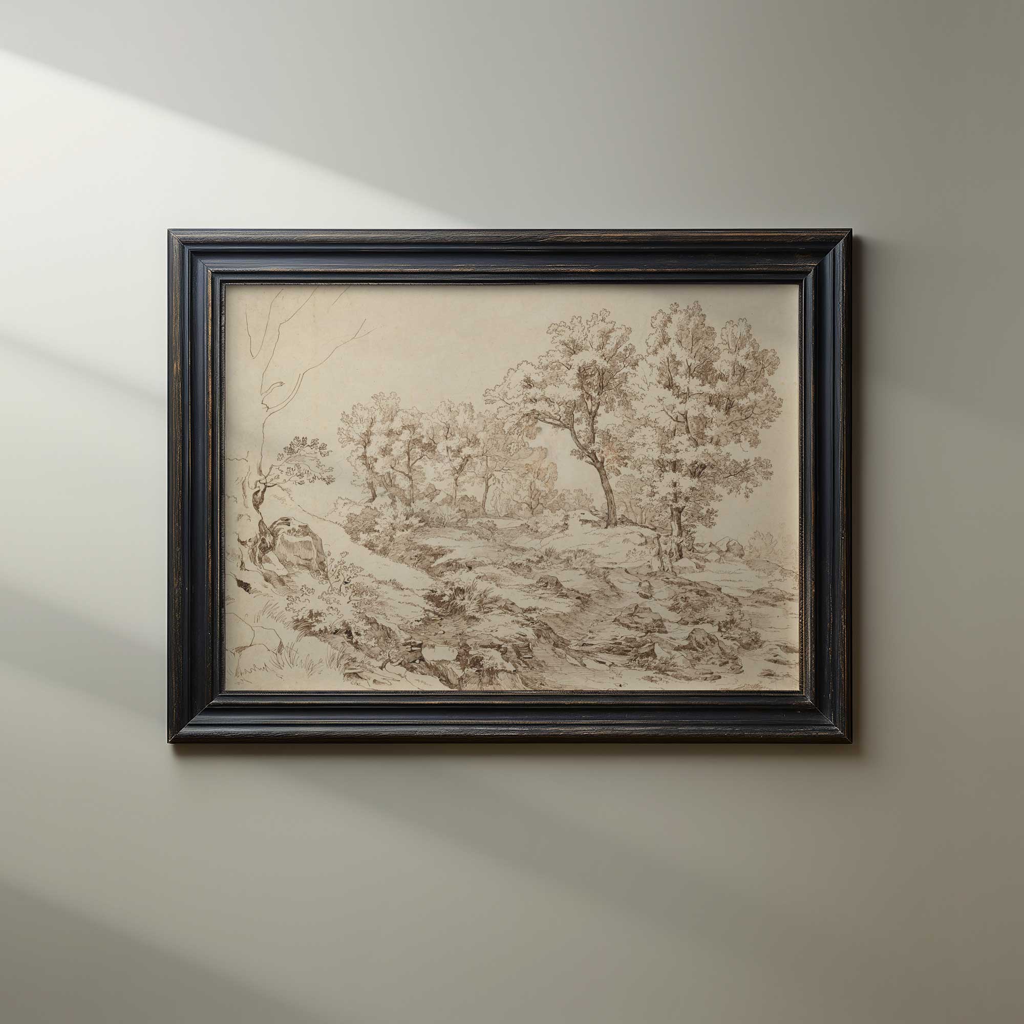 Framed landscape drawing on a wall