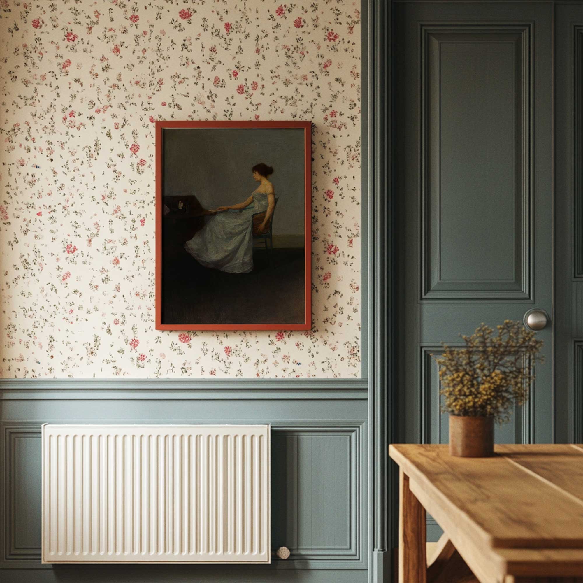 Room interior with floral wallpaper, framed painting, radiator, and wooden table.