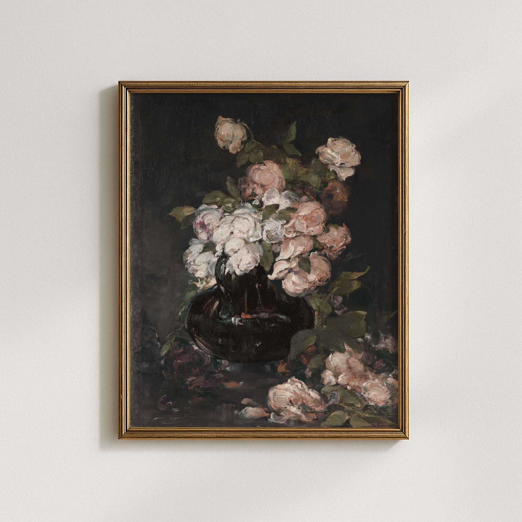 Moody floral still life dark botanical wall art in rustic gold frame