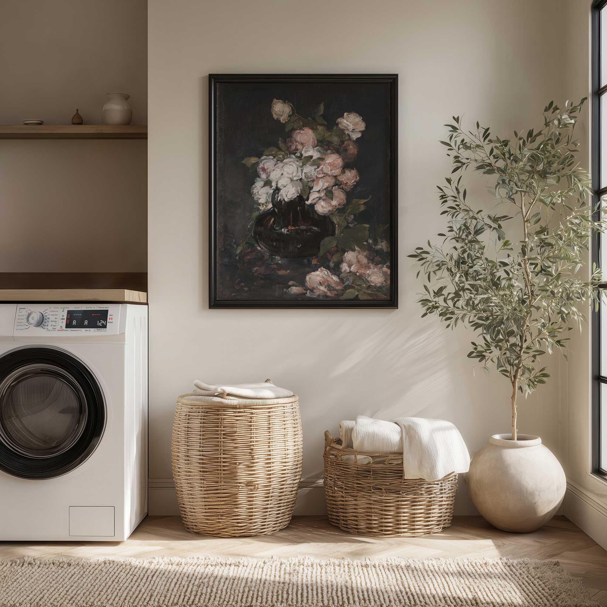 Moody floral Dark botanical wall art in a farmhouse style laundry room