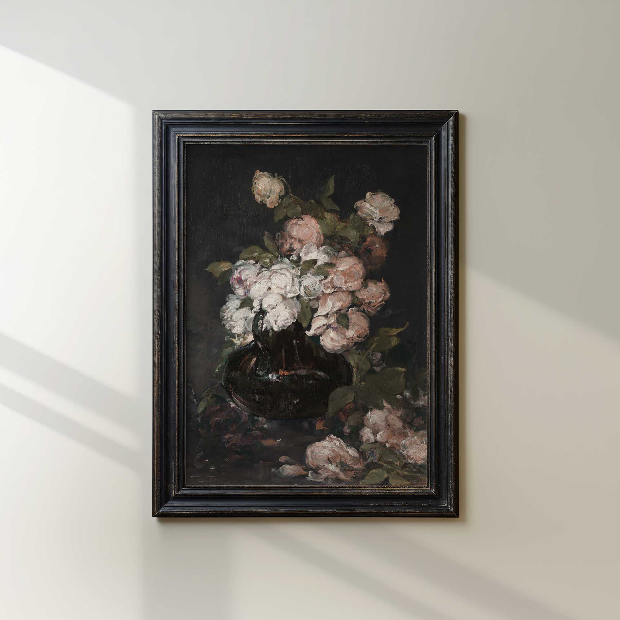 Moody floral dark botanical wall art in a rustic style black frame