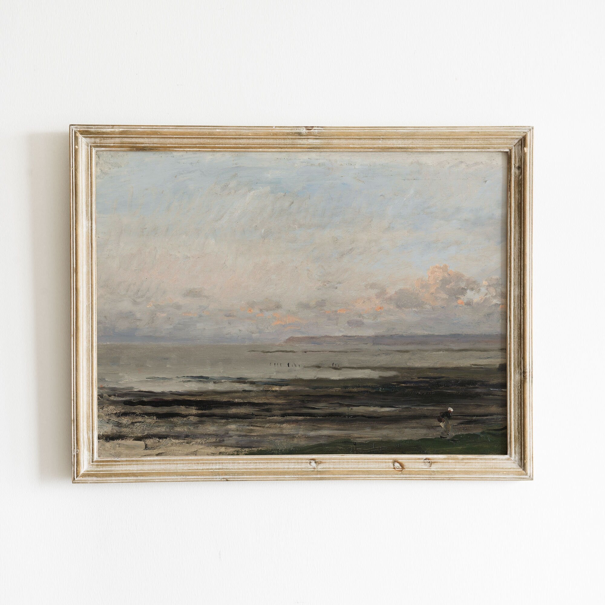 Moody beach scene art print with a cloudy sky over a calm shoreline, perfect for landscape wall art and coastal home decor.