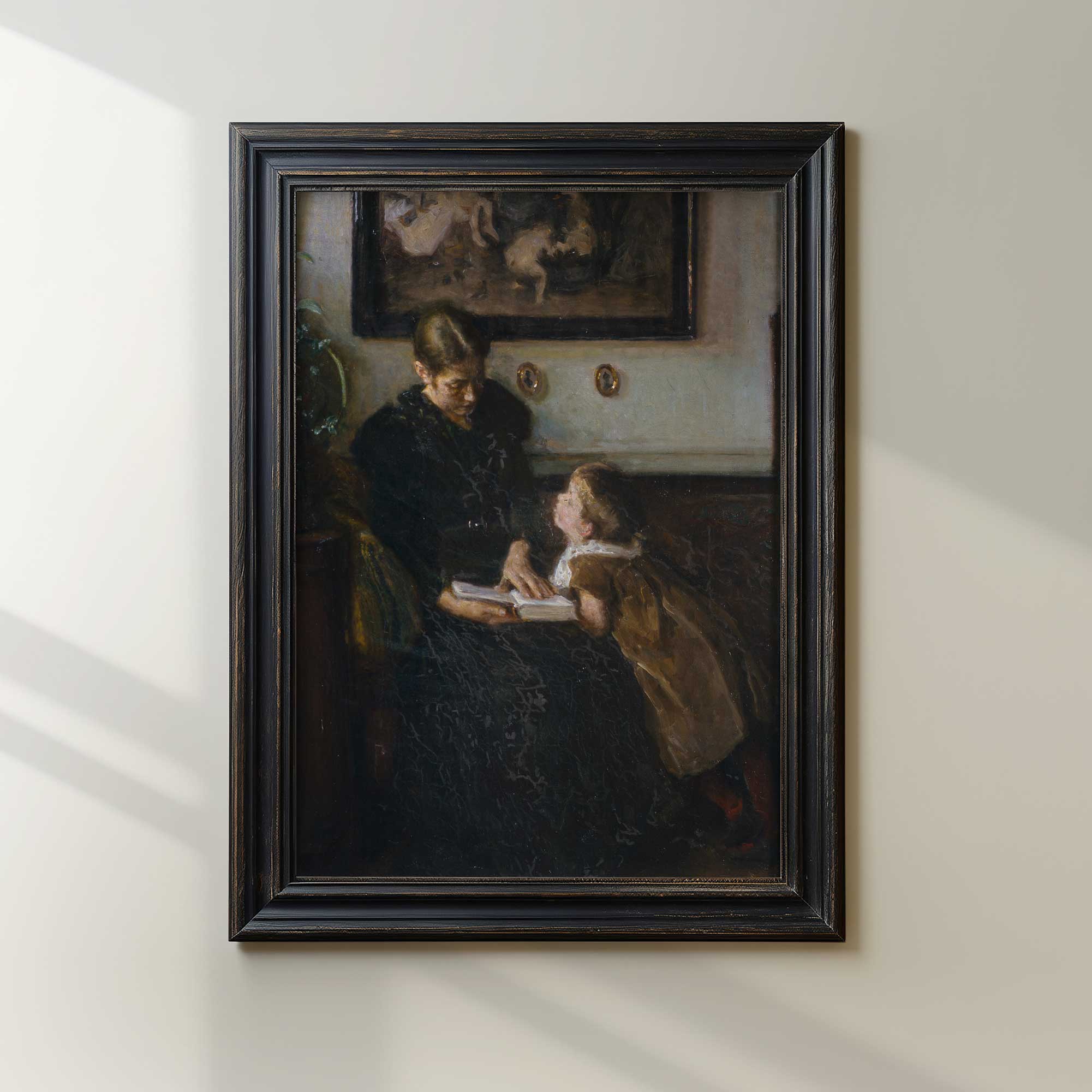 Framed vintage mother and child reading print