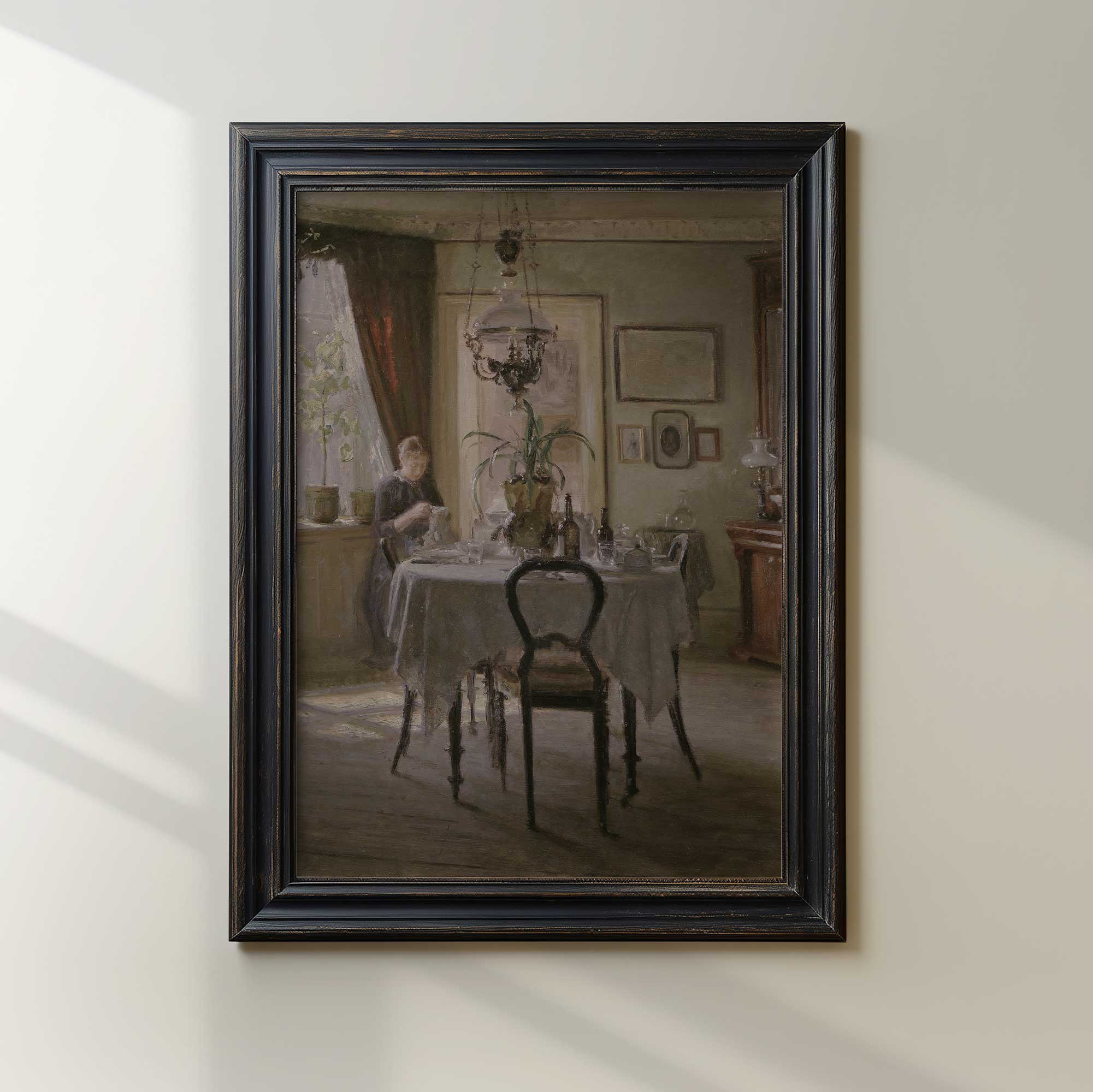 Vintage dining room print featuring a woman at the window in a rustic farmhouse interior