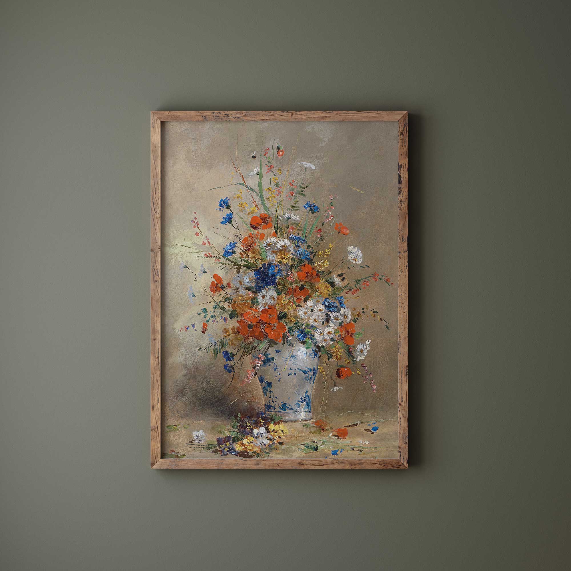 Framed painting of a floral arrangement on a green wall