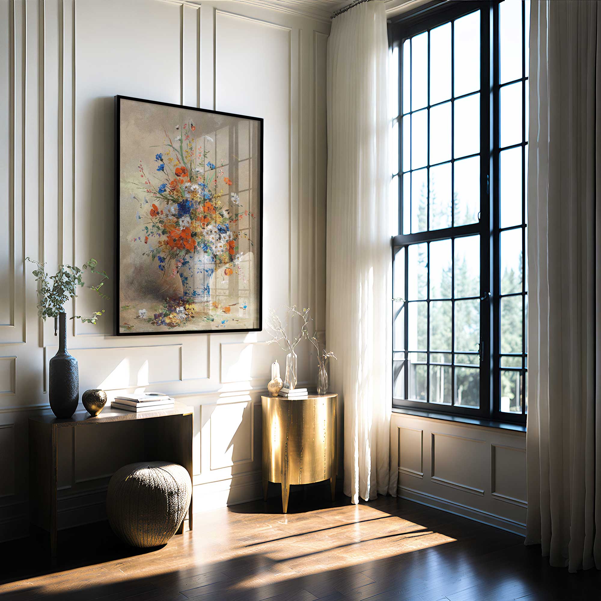 Modern interior with a desk, decorative painting, and large window.