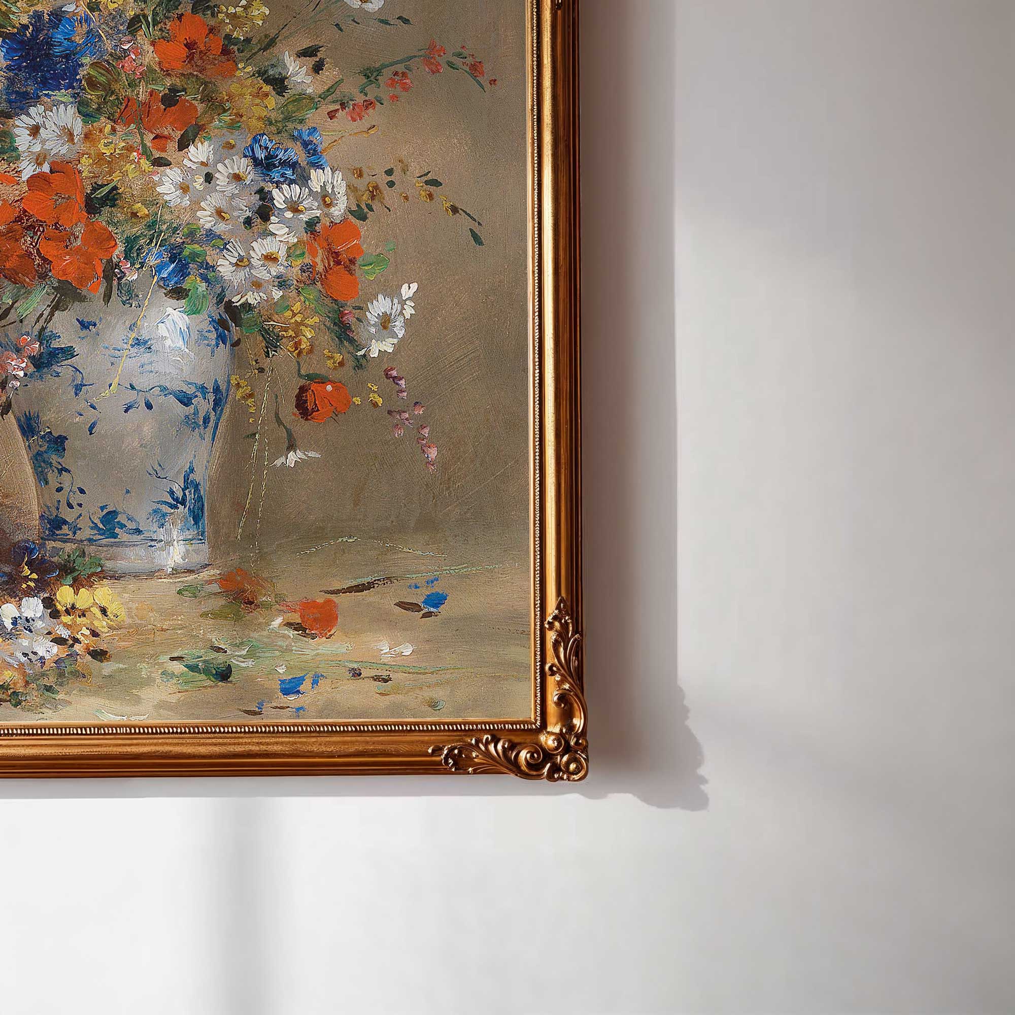 Framed painting of flowers on a white wall