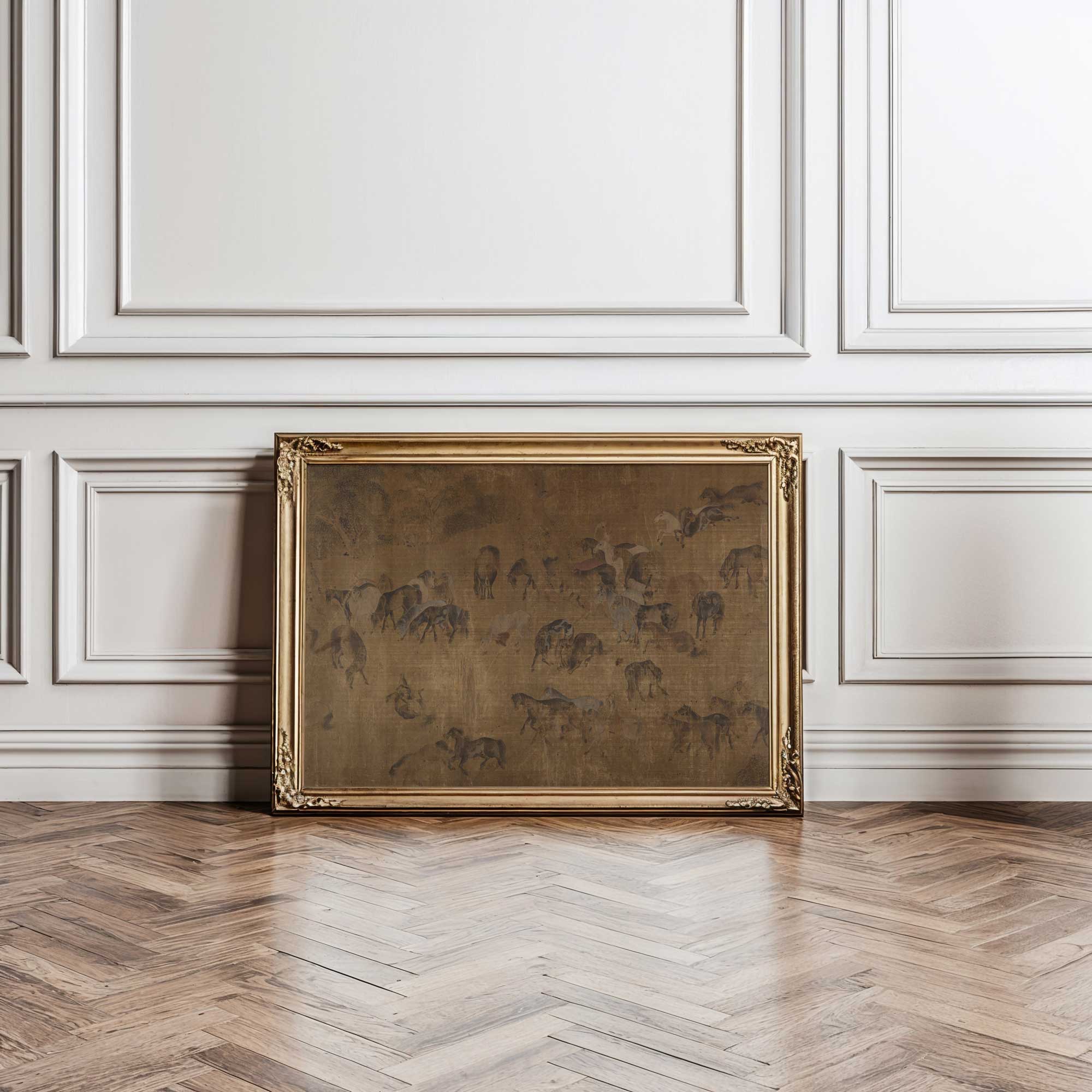Decorative painting of Hundred horses in rich dark tones in a gold frame on a wooden floor with white panelled walls.