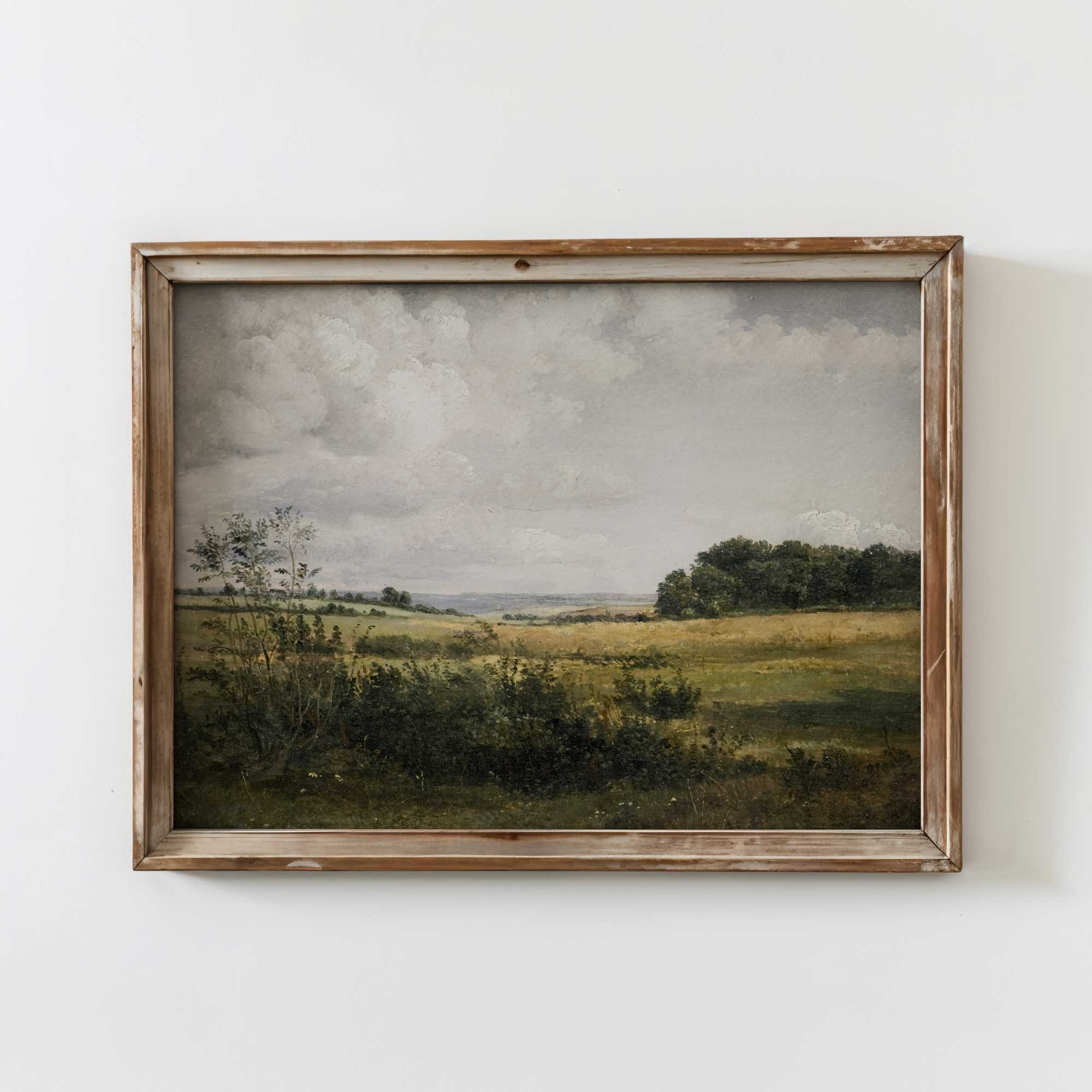 Rustic Landscape Print, Golden Fields and Sunlit Clouds, Vintage Country Wall Art