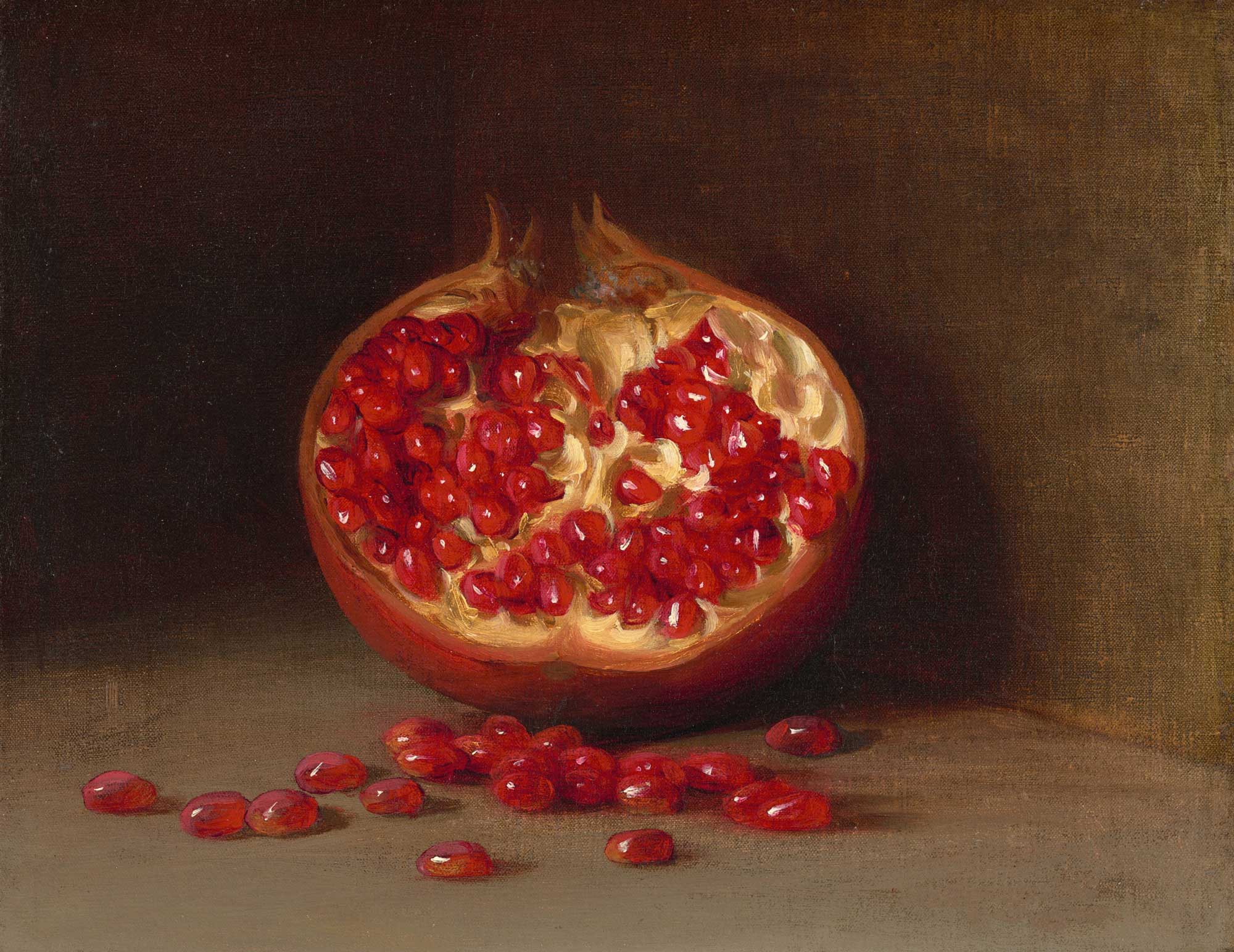 Still life painting of a pomegranate with seeds on a dark background